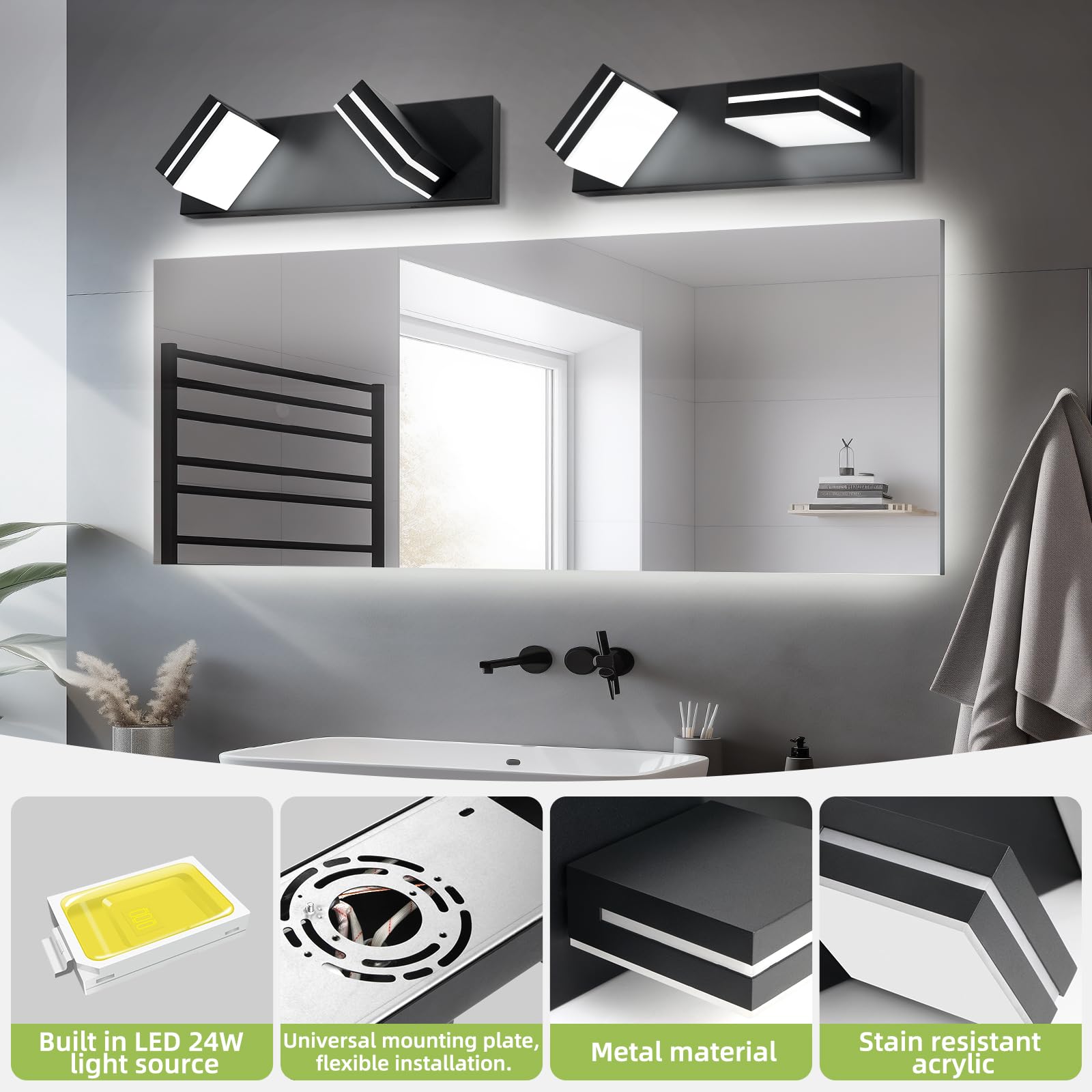 Okeli 2-Light Dimmable Black Bathroom Vanity Light Fixture, 16W Led, 350° Rotatable, Etl