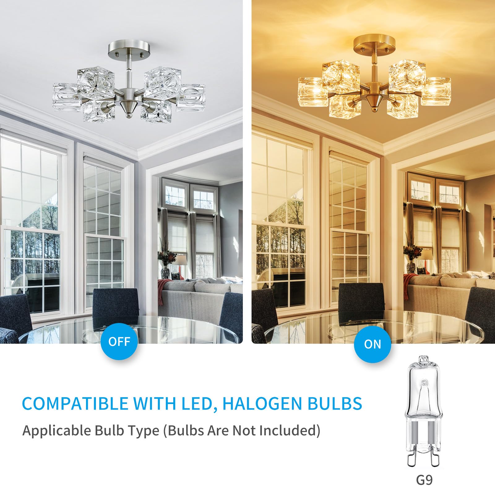 XINGQI 6-Light Semi Flush Mount Ceiling Light, Brushed Nickel Chandelier, Modern Design for Dining Room, Kitchen, Entryway