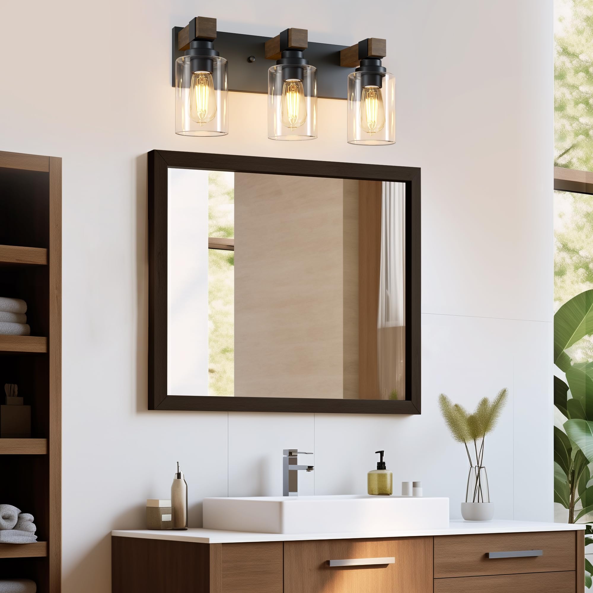 DvmTeom 3-Light Rustic Bathroom Vanity Light, Black & Wood, Vintage Glass Shade, Model D6005
