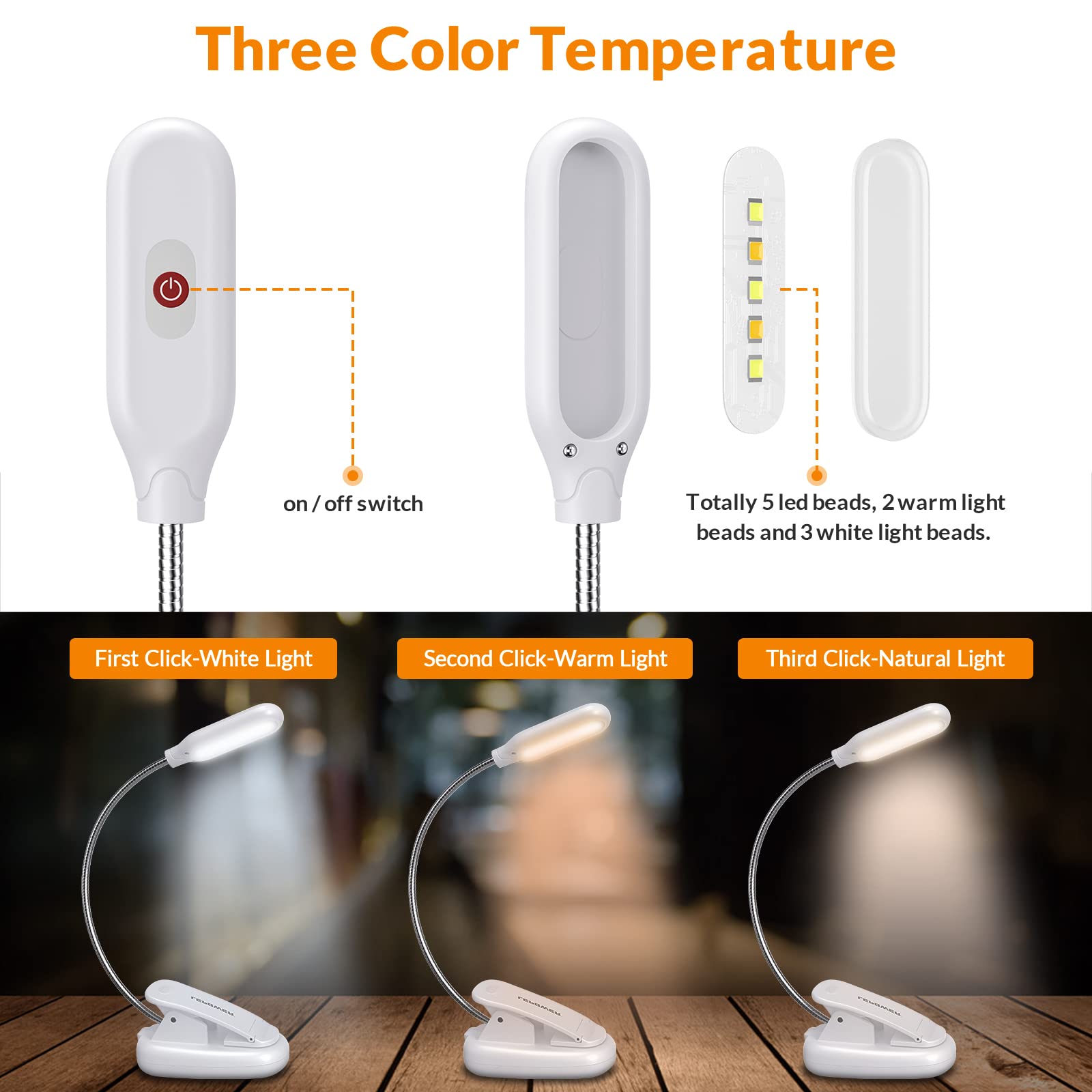 Lepower Clip-On Book Light With 5 Led Eye Care, 3 Color Changeable, Portable Reading Lamp, Battery Operated, Bed Light For Kids,