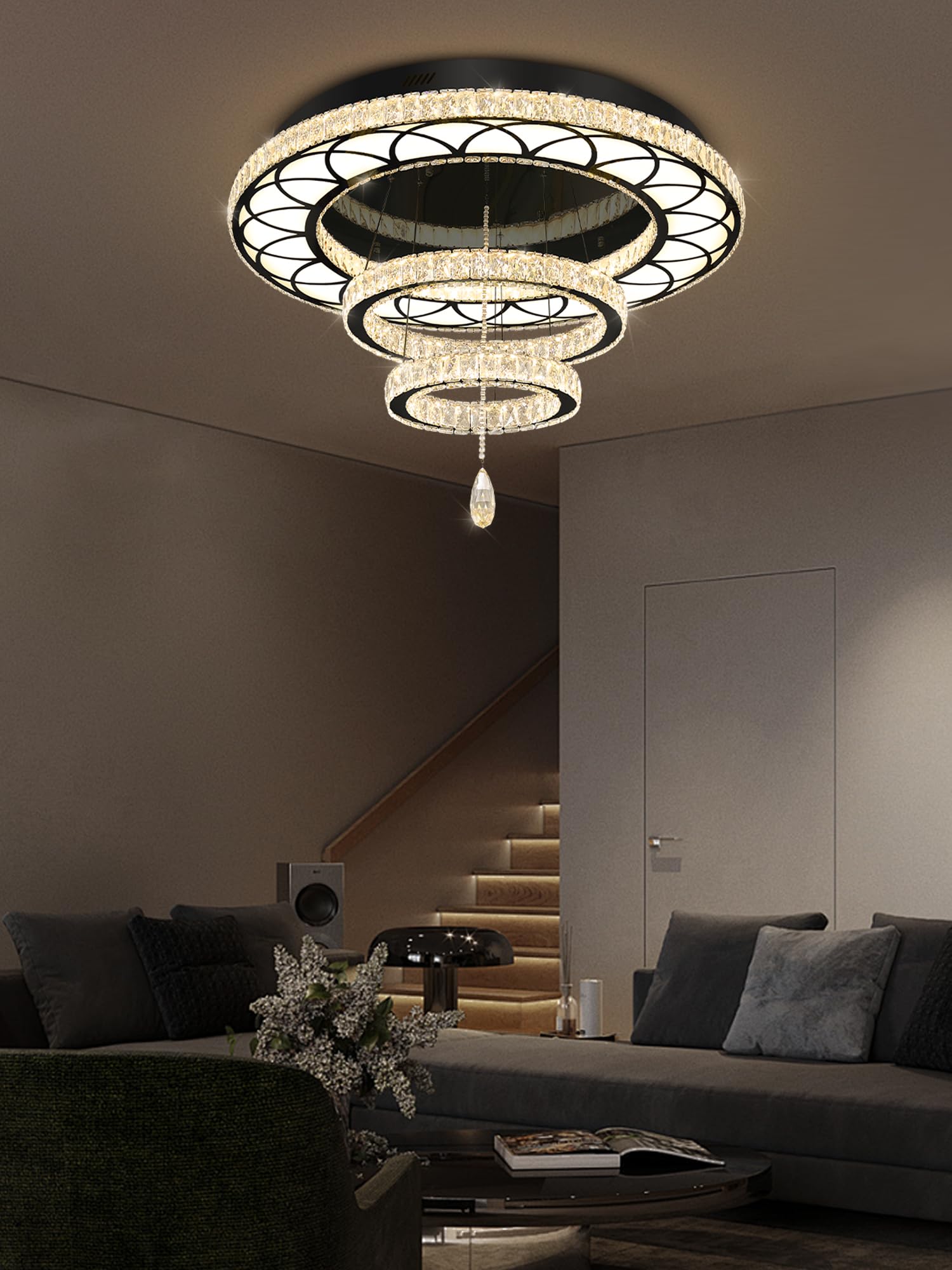 Flashing God 32" Modern Crystal Chandelier LED Flush Mount Ceiling Light - Black, Dimmable 2700K/4500K/6000K, Model MMQ0268-80