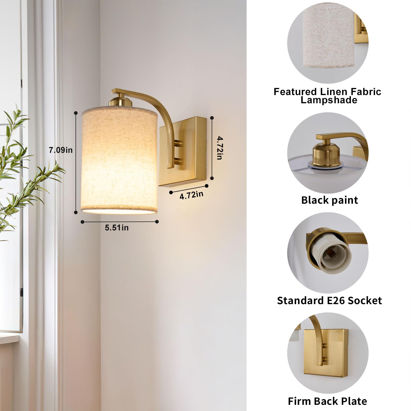 Powfloven Gold Rechargeable Battery Operated Wall Sconces Set Of 2 With Remote, Wireless Dimmable Battery Powered Led Wall Light