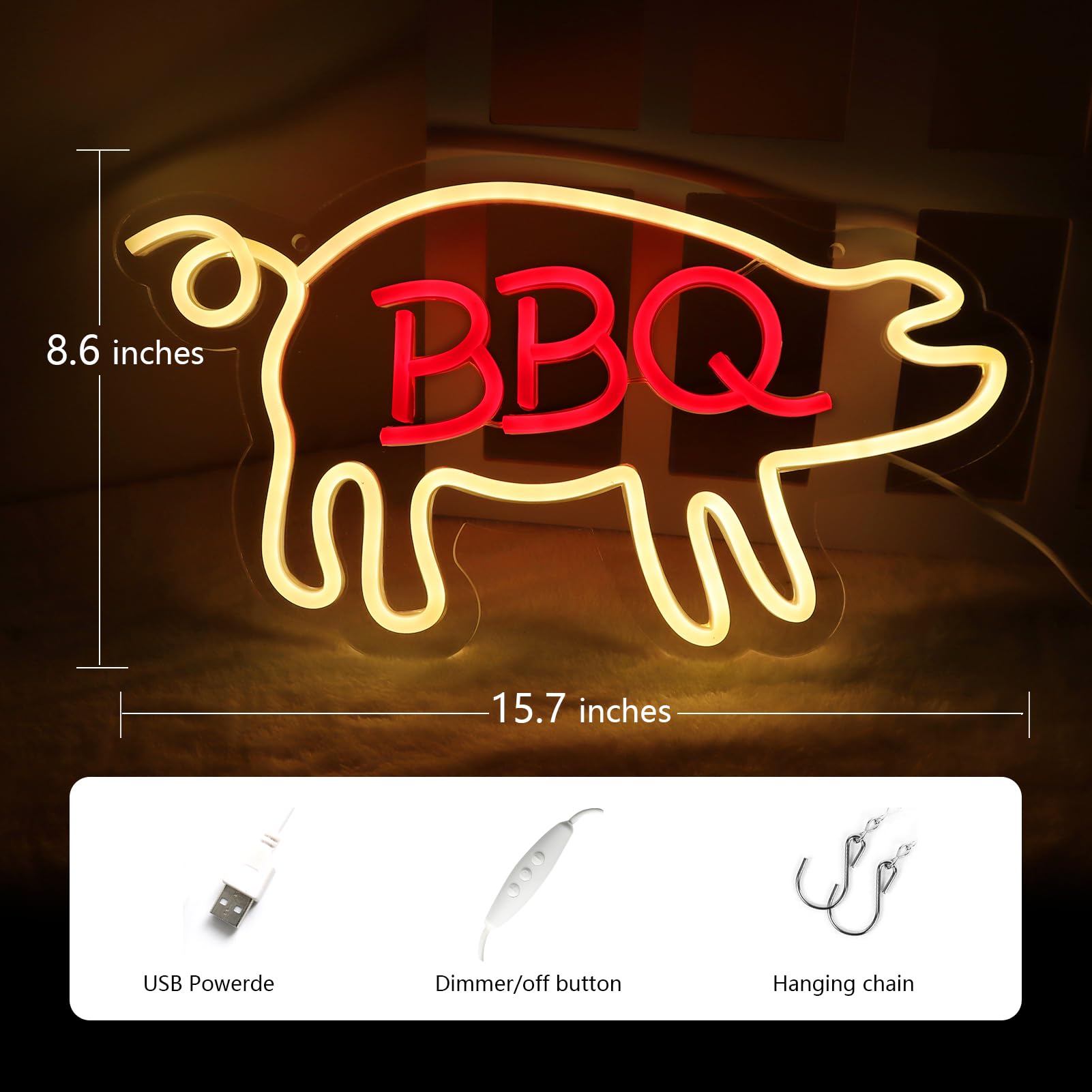Jfllamp Bbq Neon Signs For Wall Decor Neon Lights For Bedroom Led Signs Suitable For Barbecue Restaurant Man Cave Bar Christmas Unique Gift For Lover, 5V Usb Power, 15.7 * 8.7 Inch(Warm White + Red)