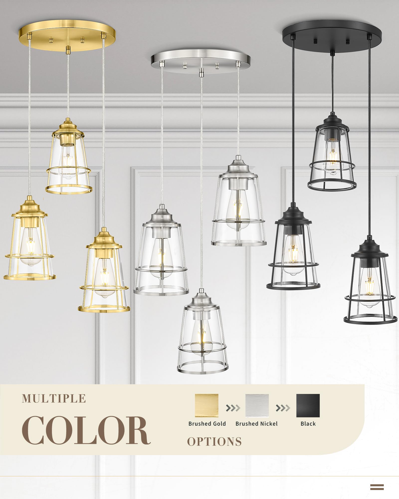 Jazava Cluster Pendant Light, Cage Hanging Light Fixtutre With Clear Glass, 3-Light Kitchen Island Lighting For Dining Room Livi