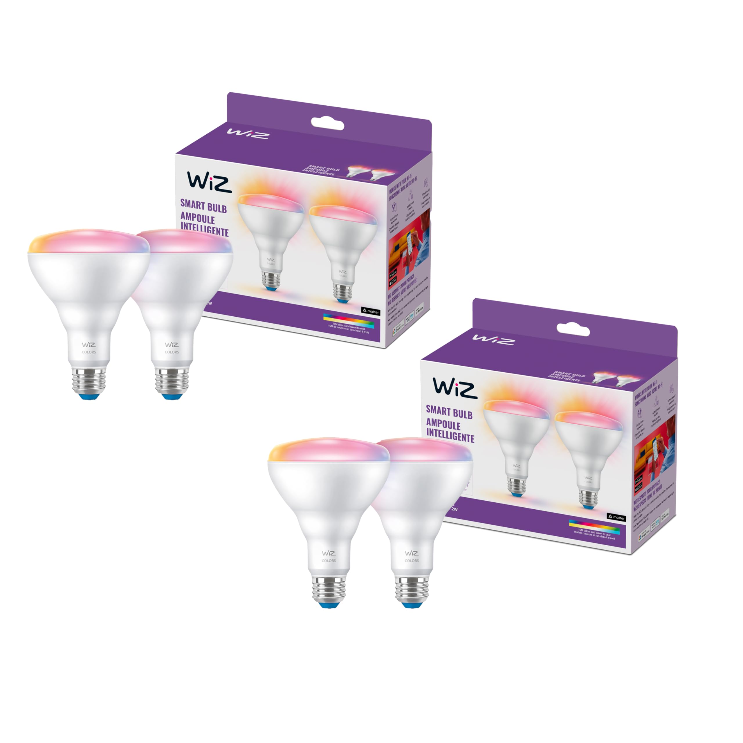 WiZ Connected 65W BR30 LED Smart Light Bulbs, Wi-Fi, Voice/App Control, Motion Activation, 4 Pack, Plastic