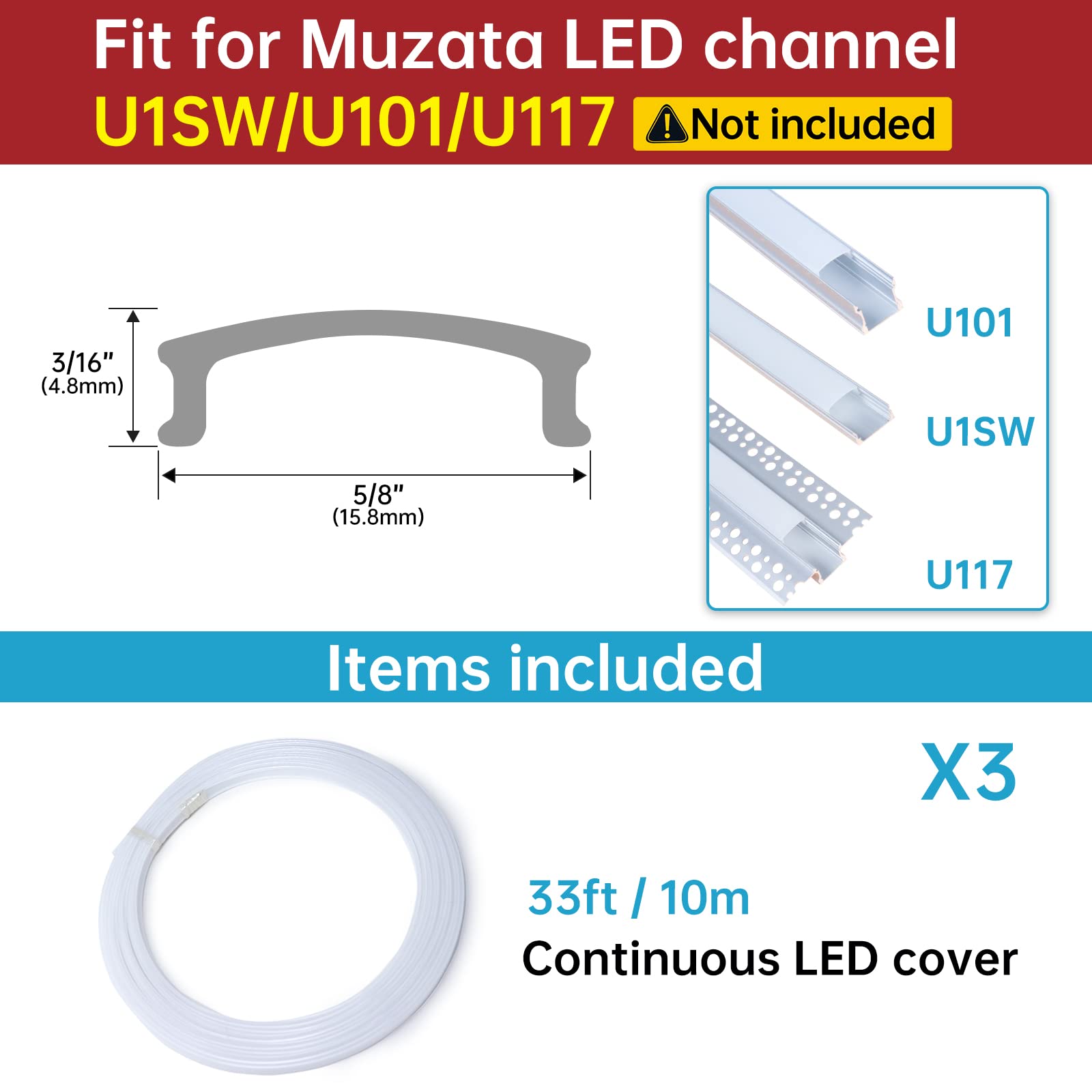 Muzata 3Pack 33Ft/10M Continuous Milky White Led Cover Tape Light Seamless Plastic For U1Sw U Shape Anti-Uv Channel Lc03 Ww (Onl