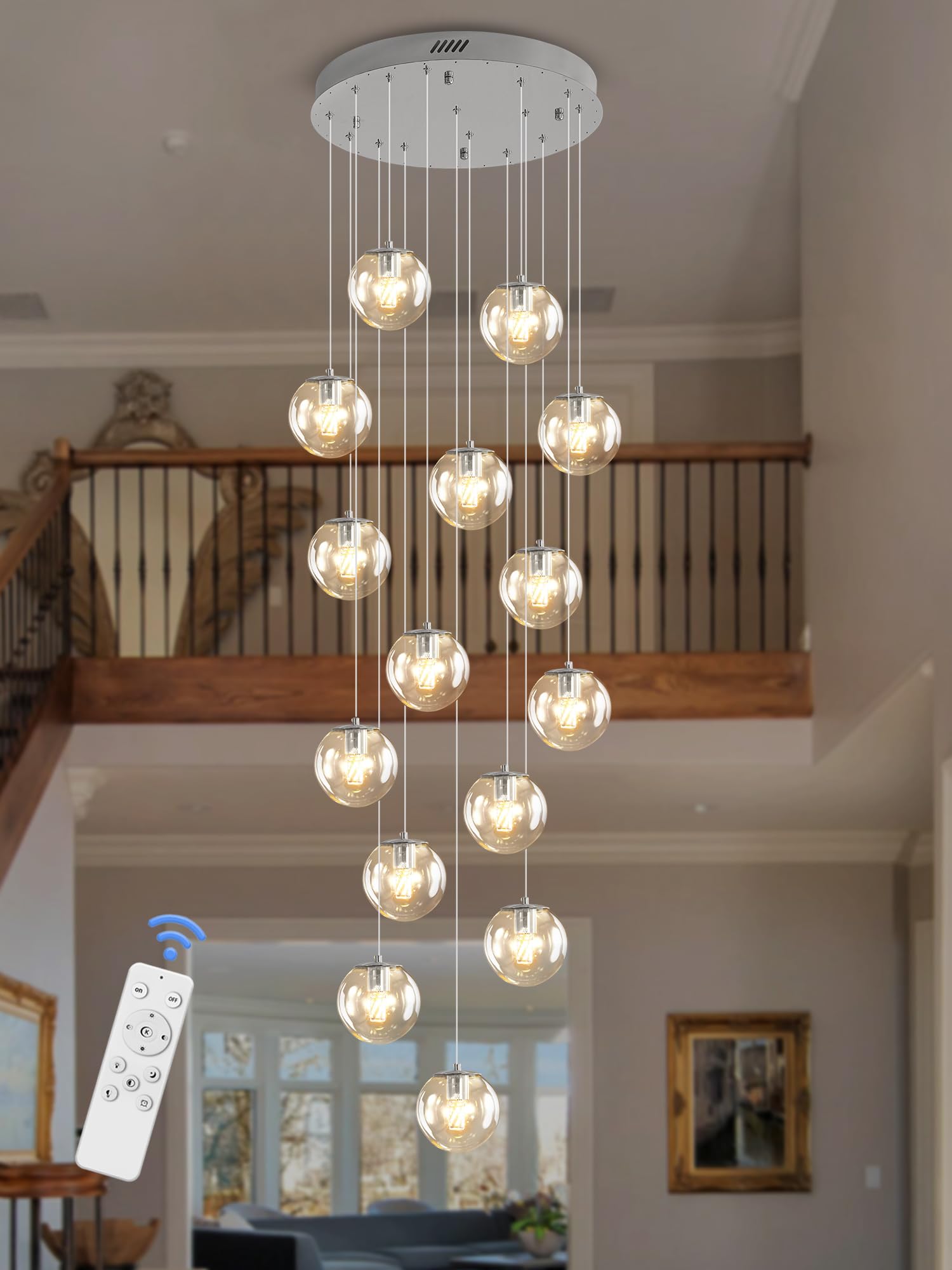 ykolupty 15-Light High Ceiling Chandelier with Globe Glass Dimmable Ceiling Light Glass Pendant Light for Kitchen Island, Dining