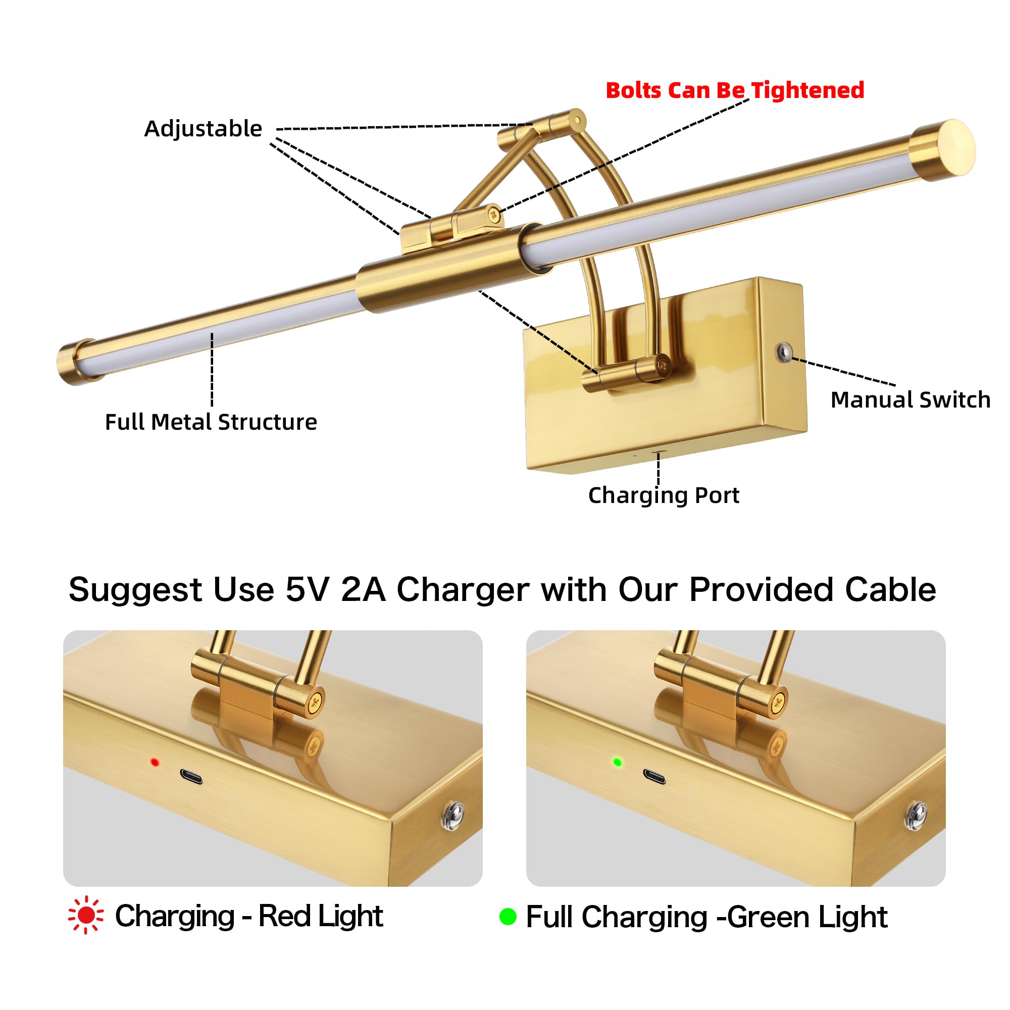 Neymlya 24" Wireless Picture Light, Dimmable 3000K/4000K/6000K, Gold Metal, Battery Operated, Remote Control, Model 24IN