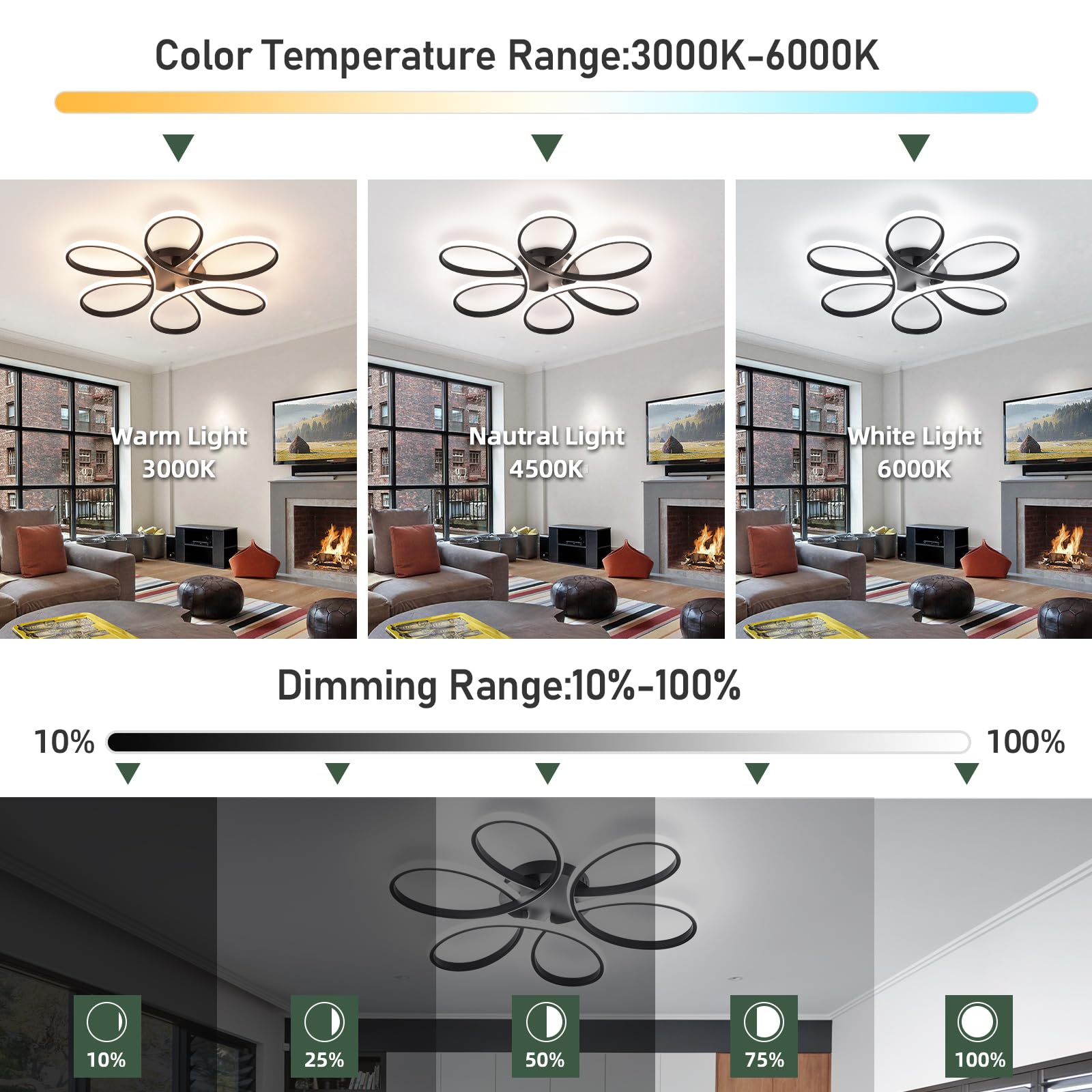 HLILCEH 26in LED Ceiling Light, 6 Rings Flush Mount Fixture, Black, Dimmable with Remote Control, Model CL-6BHBK-D-US-FBA
