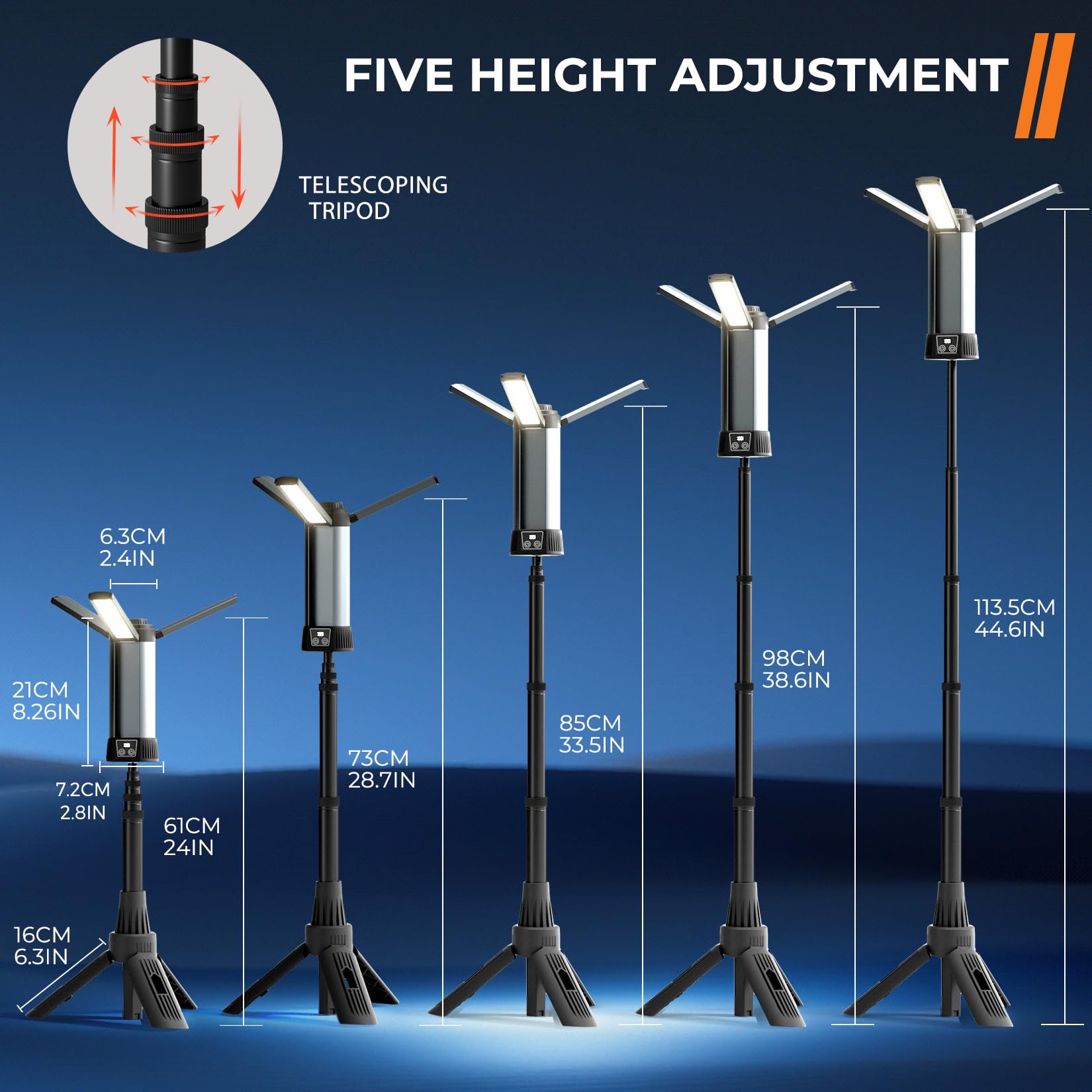 Geisofu Rechargeable Camping Light, 2000 Lumen LED Work Light with Telescopic Stand & 6AH Battery, Portable with Carrying Bag