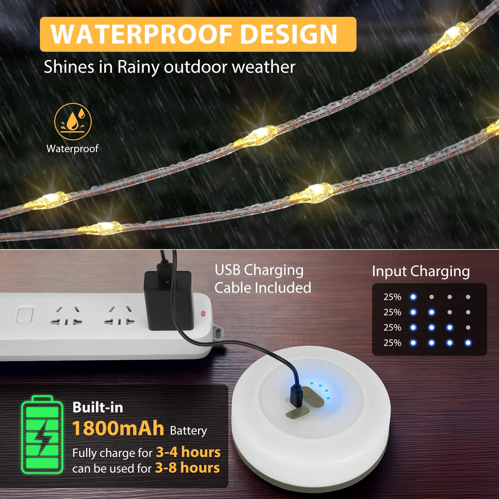 Camping String Lights, 4 in 1 Quick Storage Camping Essentials Gear 32.8FT Rechargeable Tent Lights with 9 Modes Hanging Waterpr