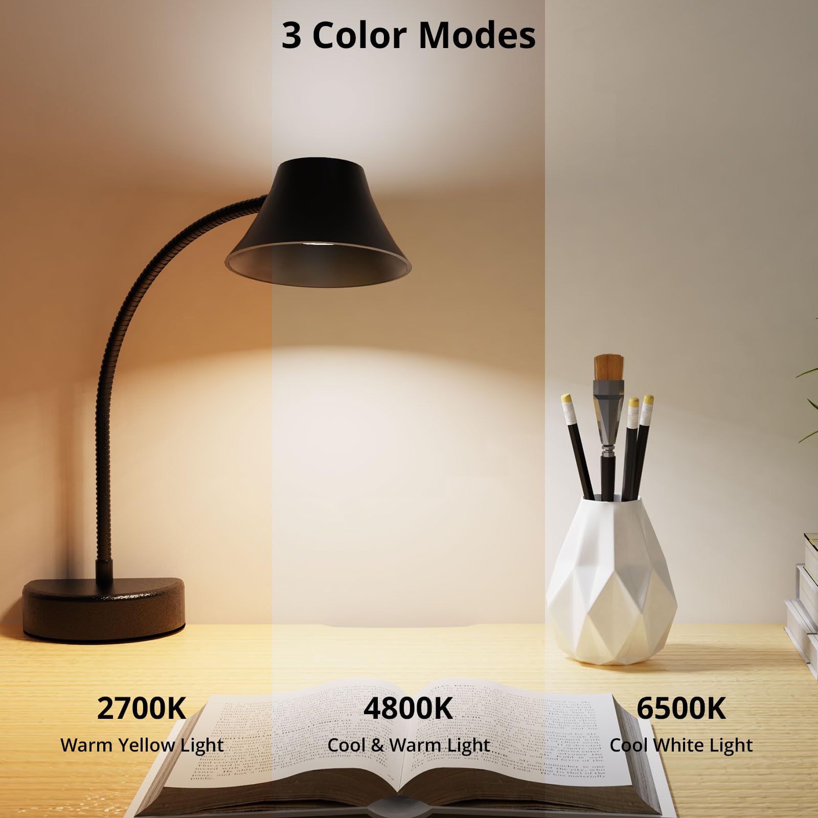 TONYFUL Reading Light for Bed, Eye Care LED Lamp, Flexible Gooseneck, 5 Colors, 10 Brightness Levels, Model HL-DL8010A-18, Black