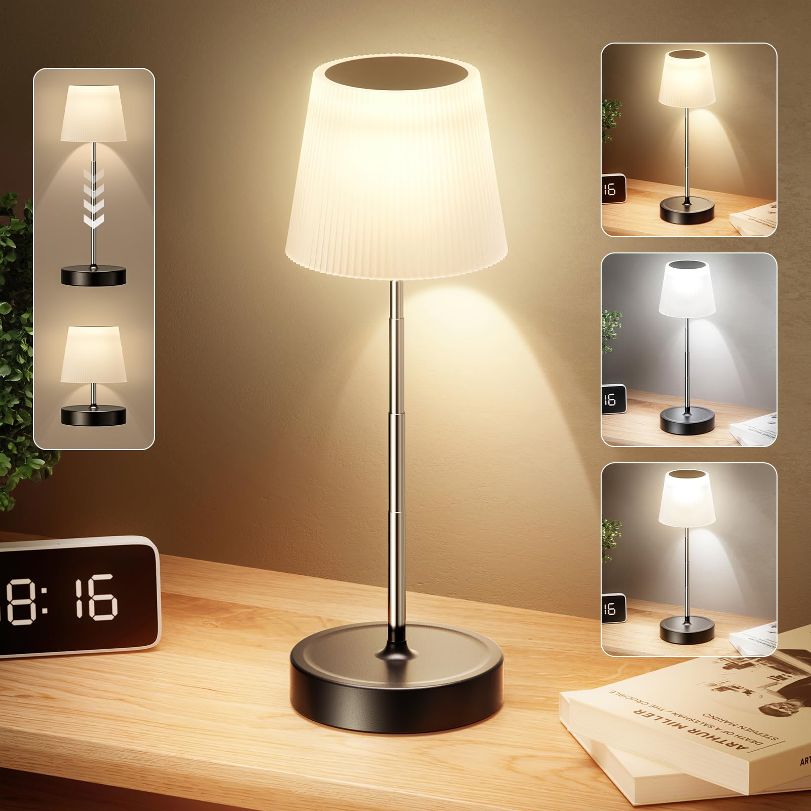Cordless Table Lamps, Portable Retractable Light Pole Desk Lamp, 3000mAh Battery Operated Lights, 3 Color Stepless Dimming, LED 