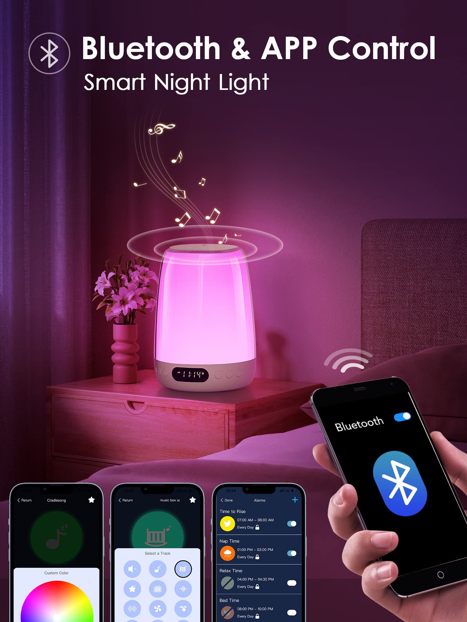 One Fire Sound Machine Night Light for Kids, Bluetooth, 14 White Noise, 48 RGB Colors, APP Size, White, Plastic