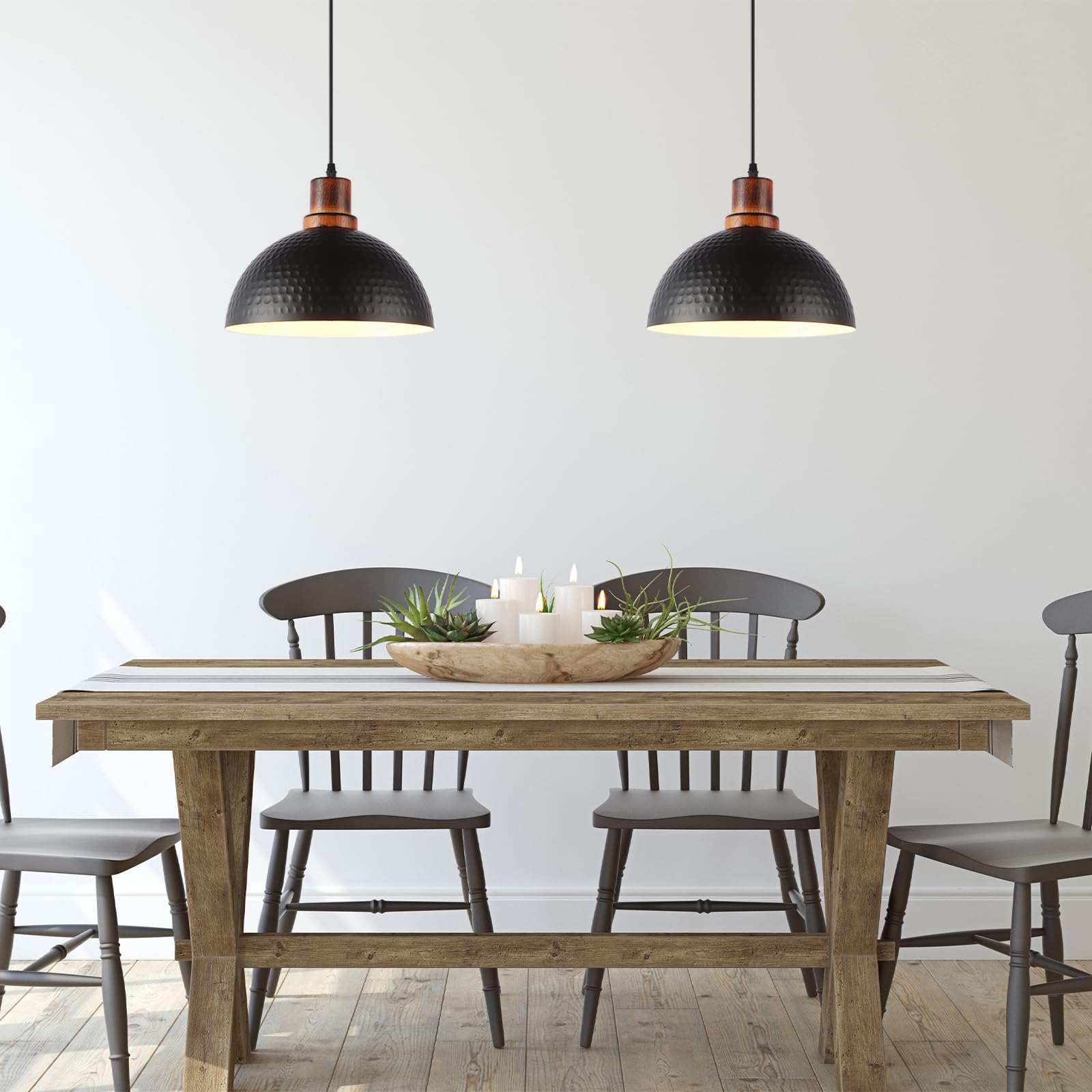 Mgcanyu Solid Wood Pendant Lights 3 Pack, 12" Matte Black Metal Fixtures for Kitchen, Dining, Living Room, Industrial Style