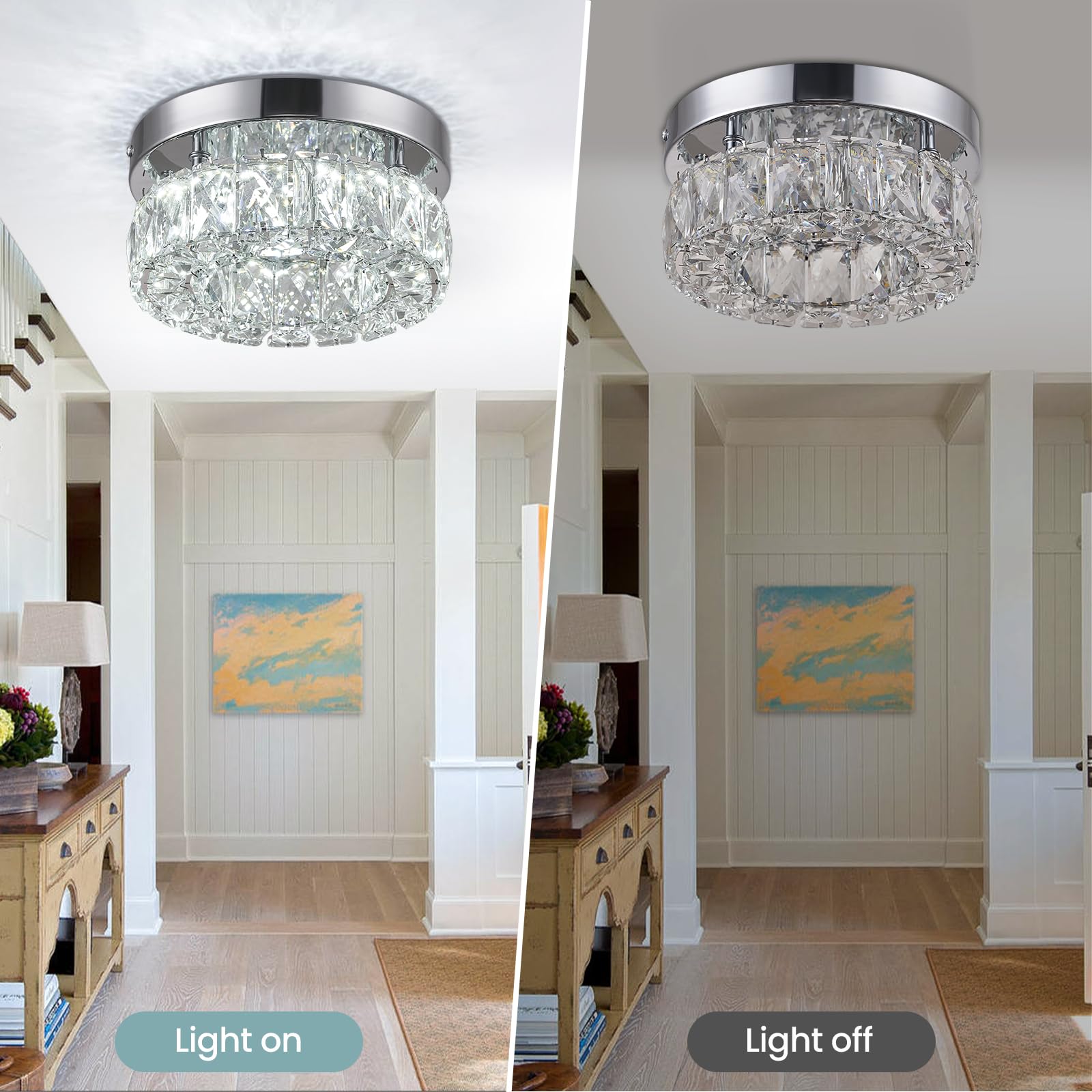 RHEAFON Mini Crystal Chandelier - 7.9" LED Flush Mount, K9 Crystal, Polished Stainless Steel, 6500K Cool White, Model MC003