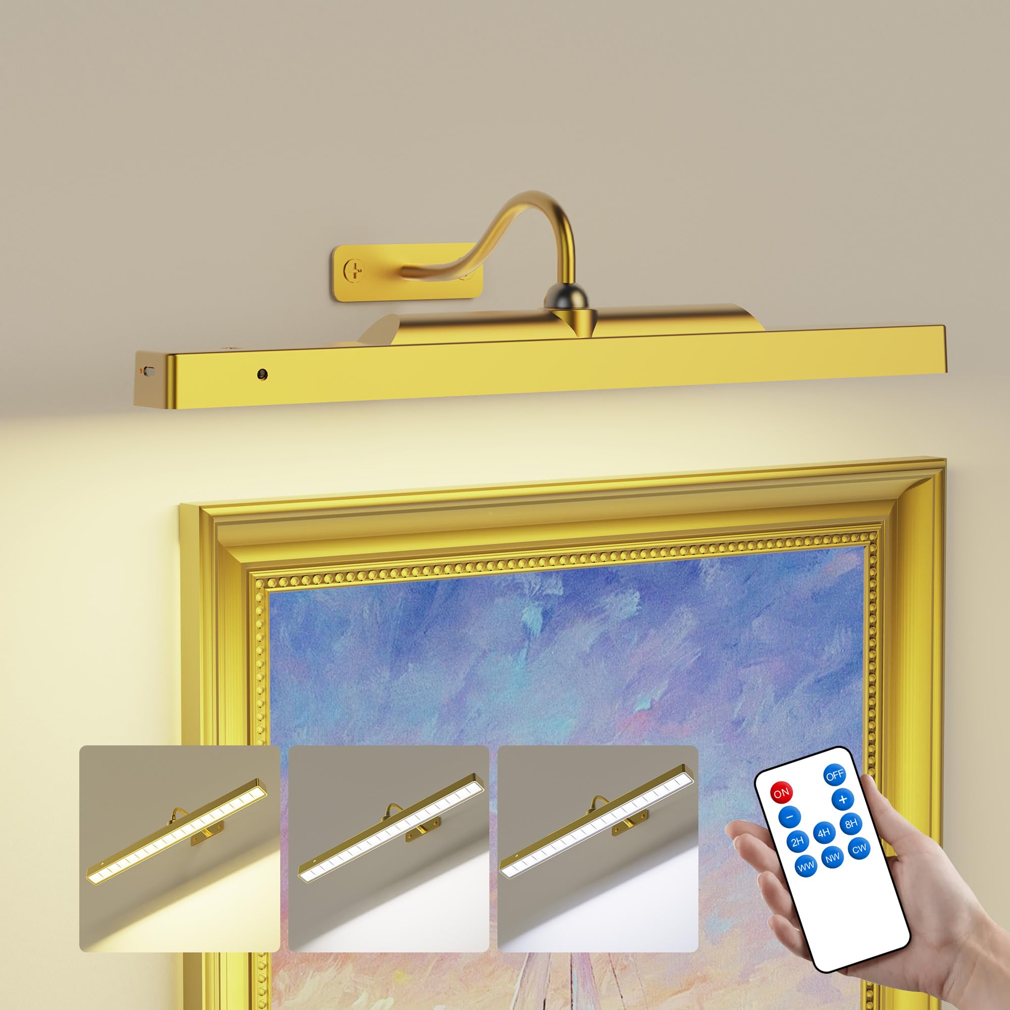 Craftersmark Picture Light - 16in Battery Operated Wall Light with Remote, 5000mAh, 3 Light Modes, Metal, Gold, 1 Pack
