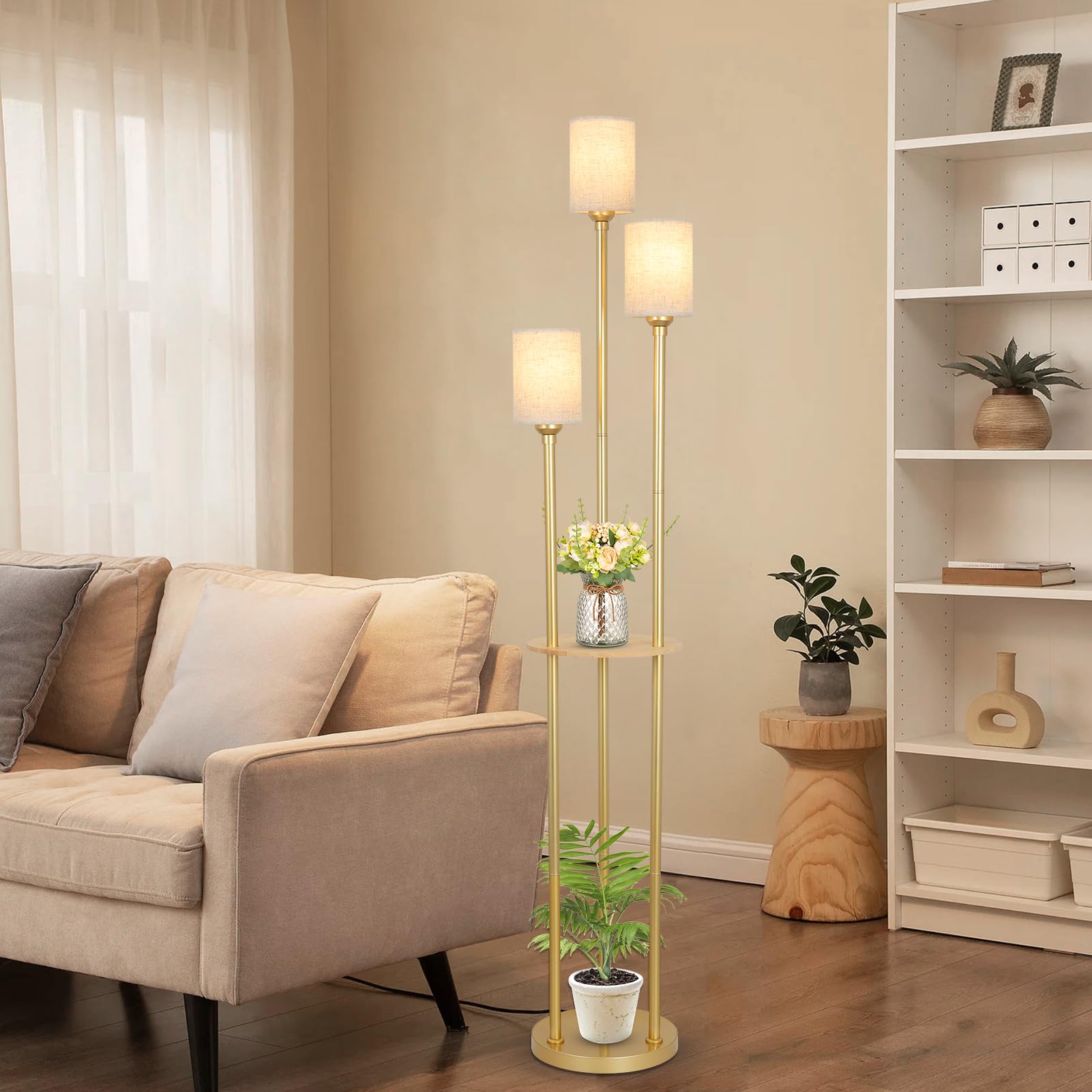 Stepeak Floor Lamps For Living Room, 3-Lights Modern Floor Lamp With Shelves, Gold Standing Lamp With Fabric Shade And Foot Swit