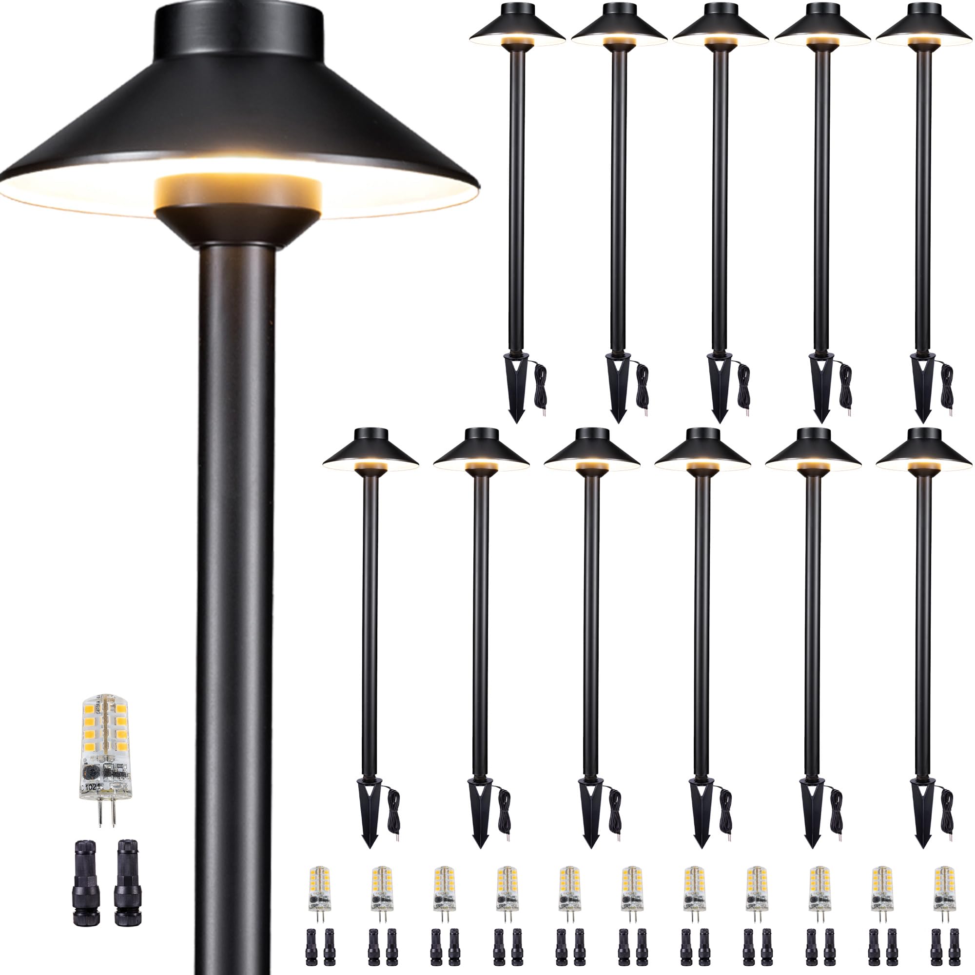 Gardenreet Solid Cast Brass Pathway Light - 12V Landscape Path Lights Outdoor Waterproof, Electric Walkway Lamp Wired, Hat Shape Black Garden Decorations With 3W 2700K Warm White G4 Bulb (12 Pack)