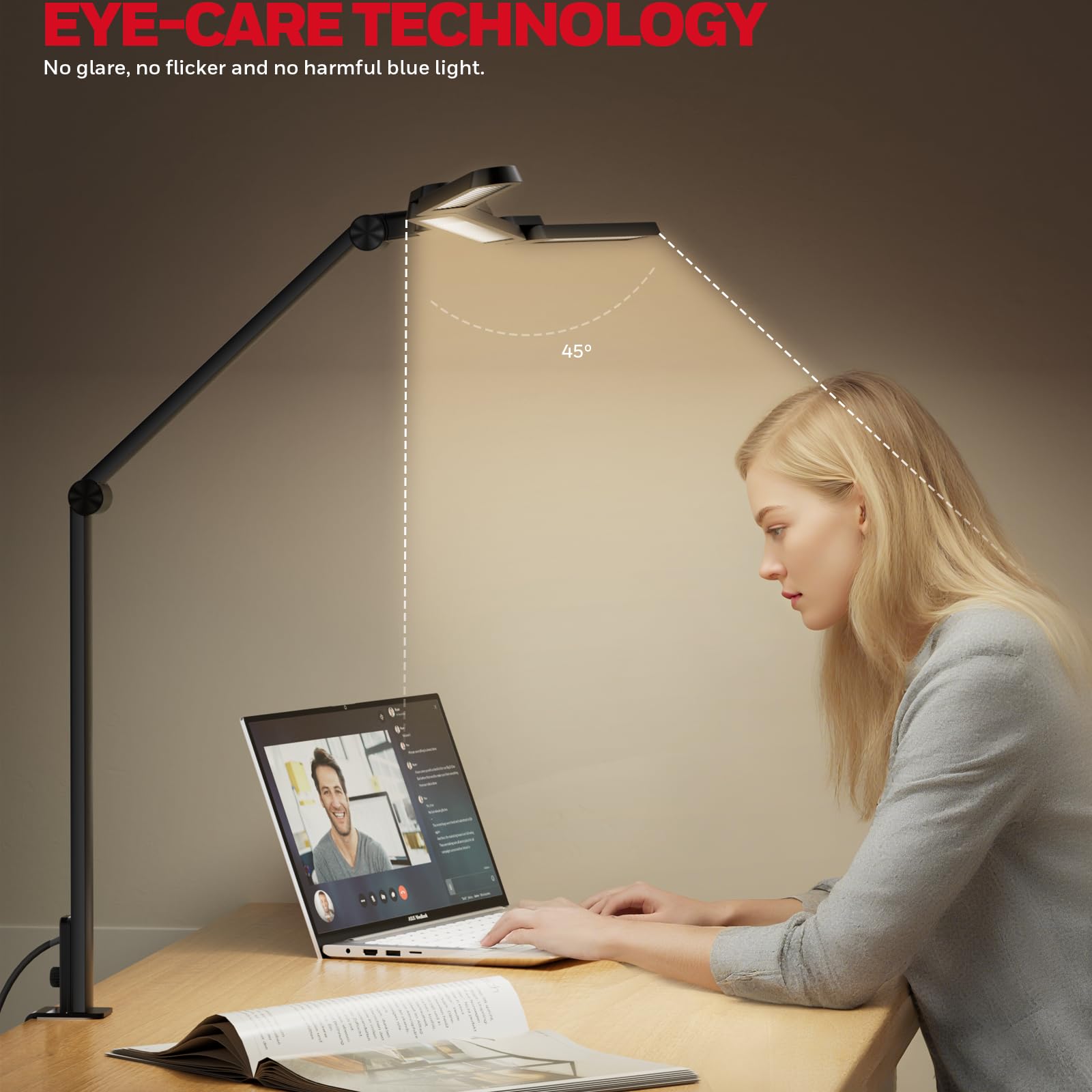Honeywell HWT-HJ3 LED Desk Lamp, 22W, Eye-Caring, 4 Color Modes, Stepless Dimming, Black, Clamp Light for Home Office