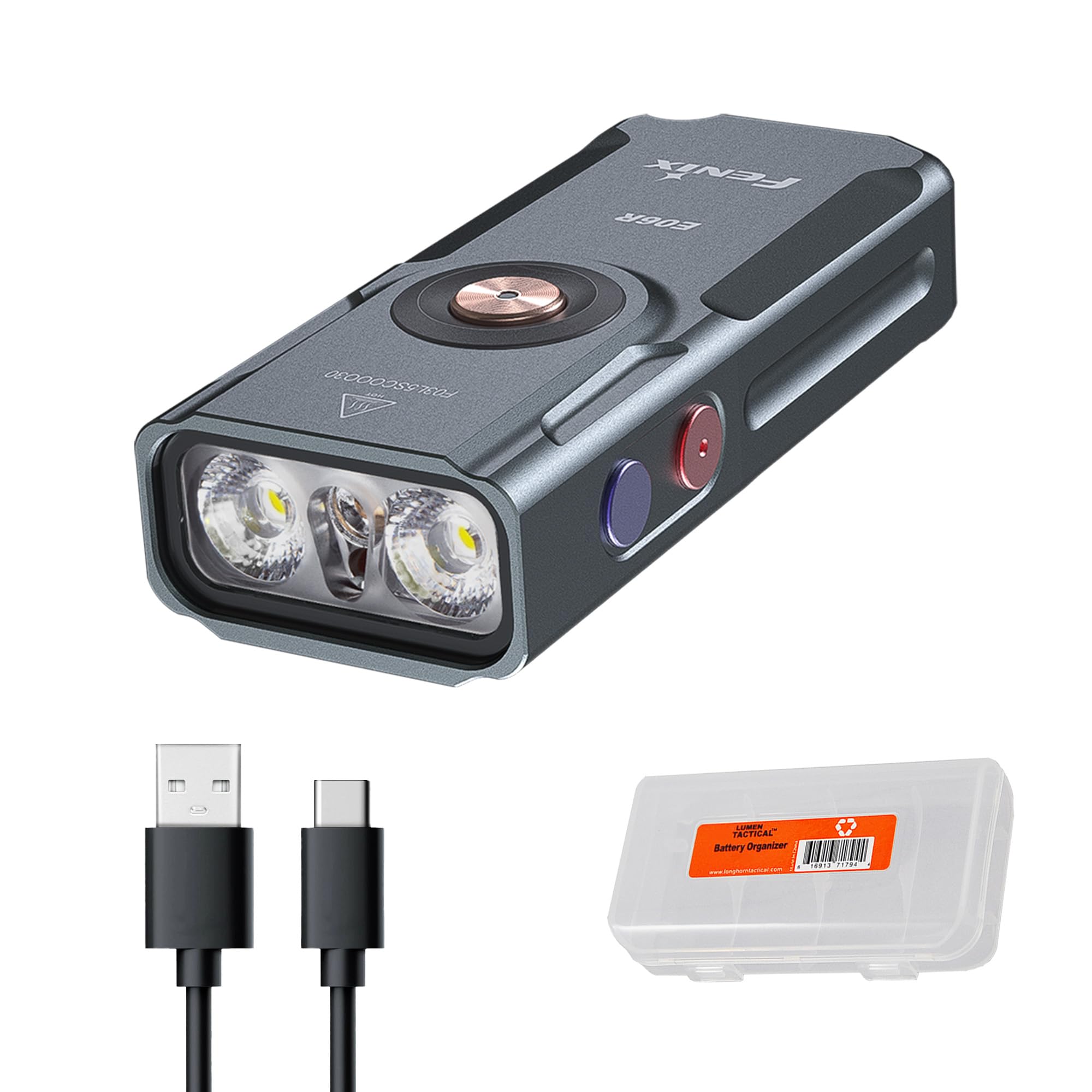 Fenix E06R 700 Lumen 3-In-1 Edc Keychain Flashlight, Usb-C Rechargeable, Includes Uv Light And Lumentac Organizier (Grey)
