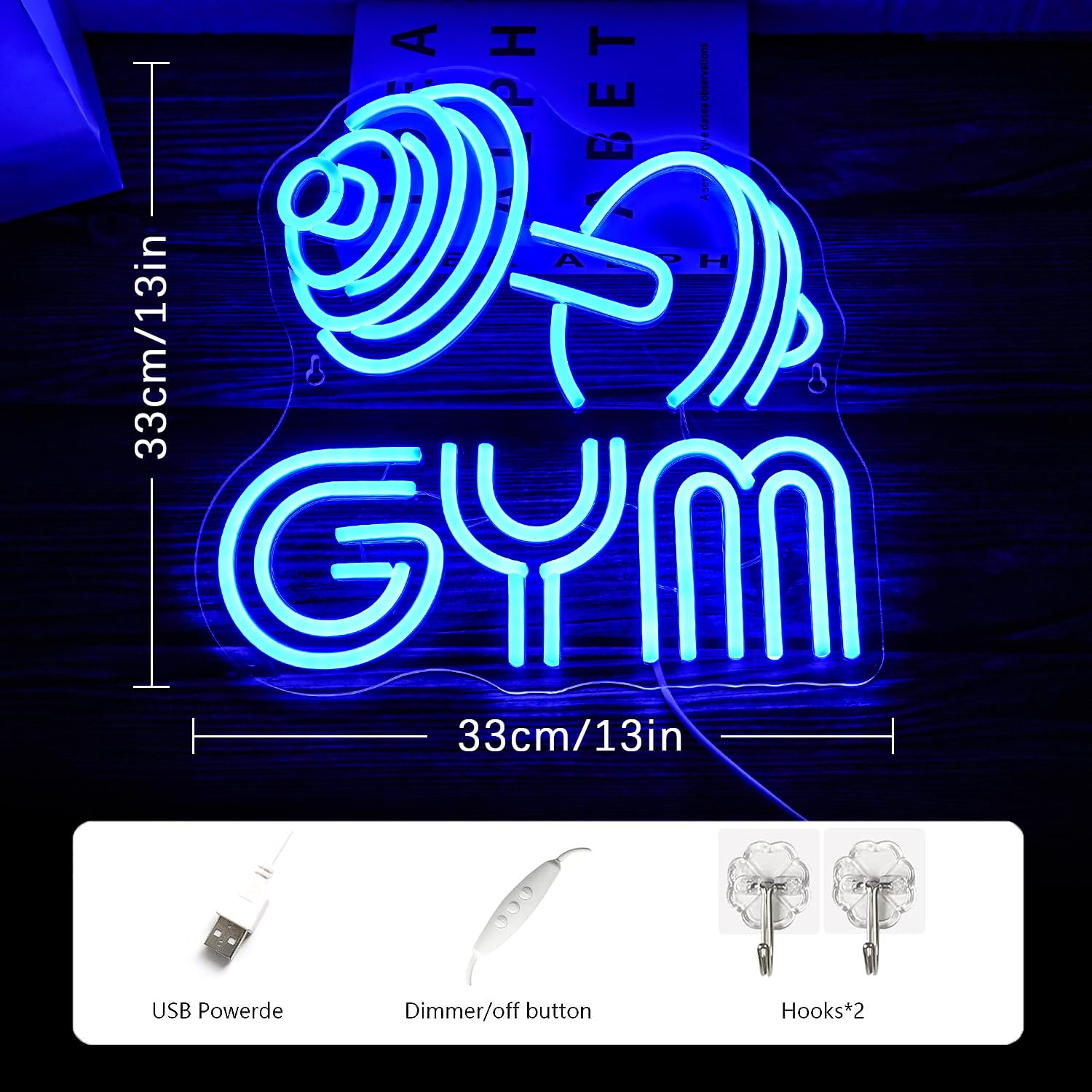 LMSIGNLY Dumbbell Neon Sign, Barbell Gym Light, Blue, 13x13 inch, Silicone Material, Model CS-06-Dumbbell for Sports Room Decor
