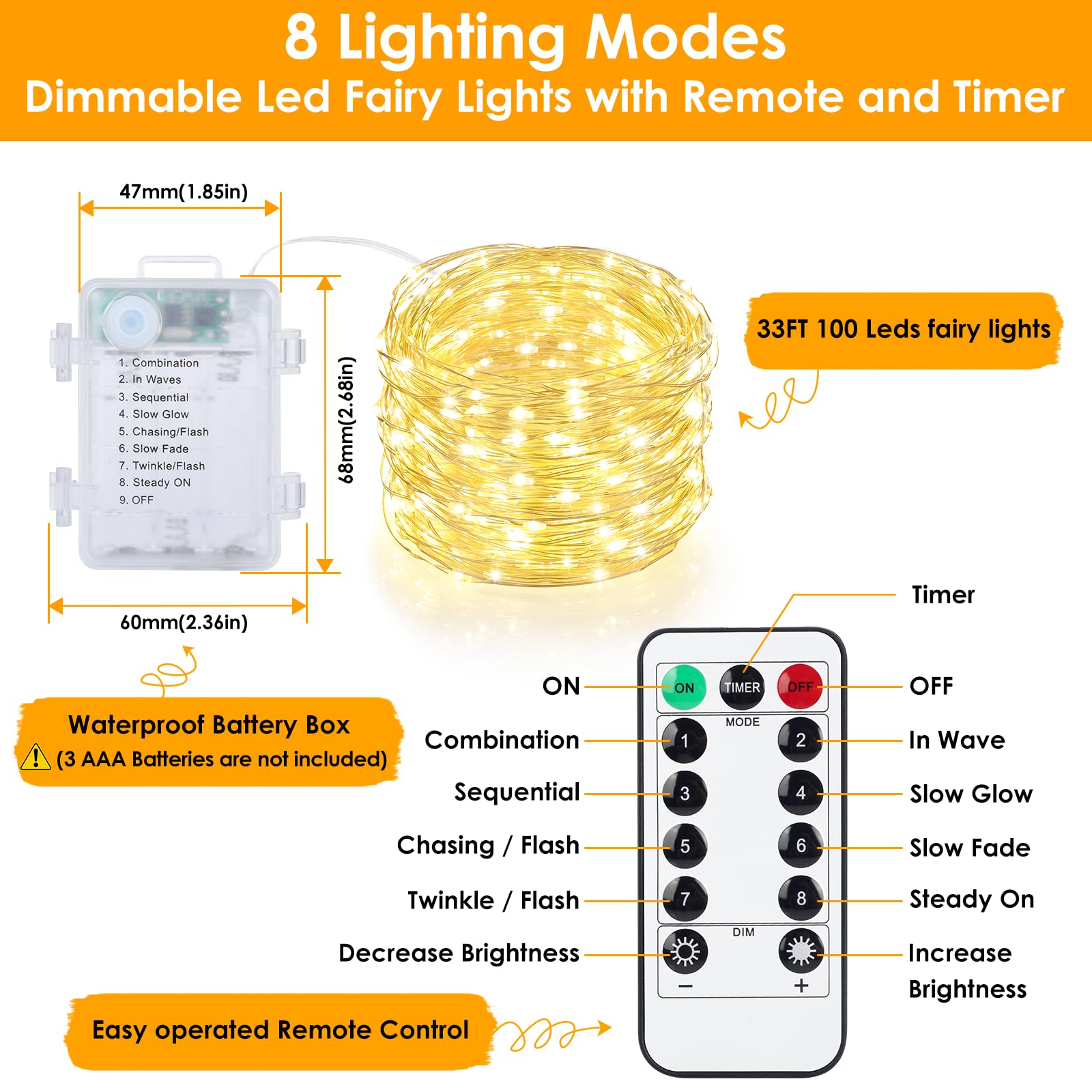 Mlambert 33FT Battery Operated Fairy Lights with Remote, Timer, Warm White, Waterproof, Dimmable, 100 LEDs, Model OKDMX-BWSL-02