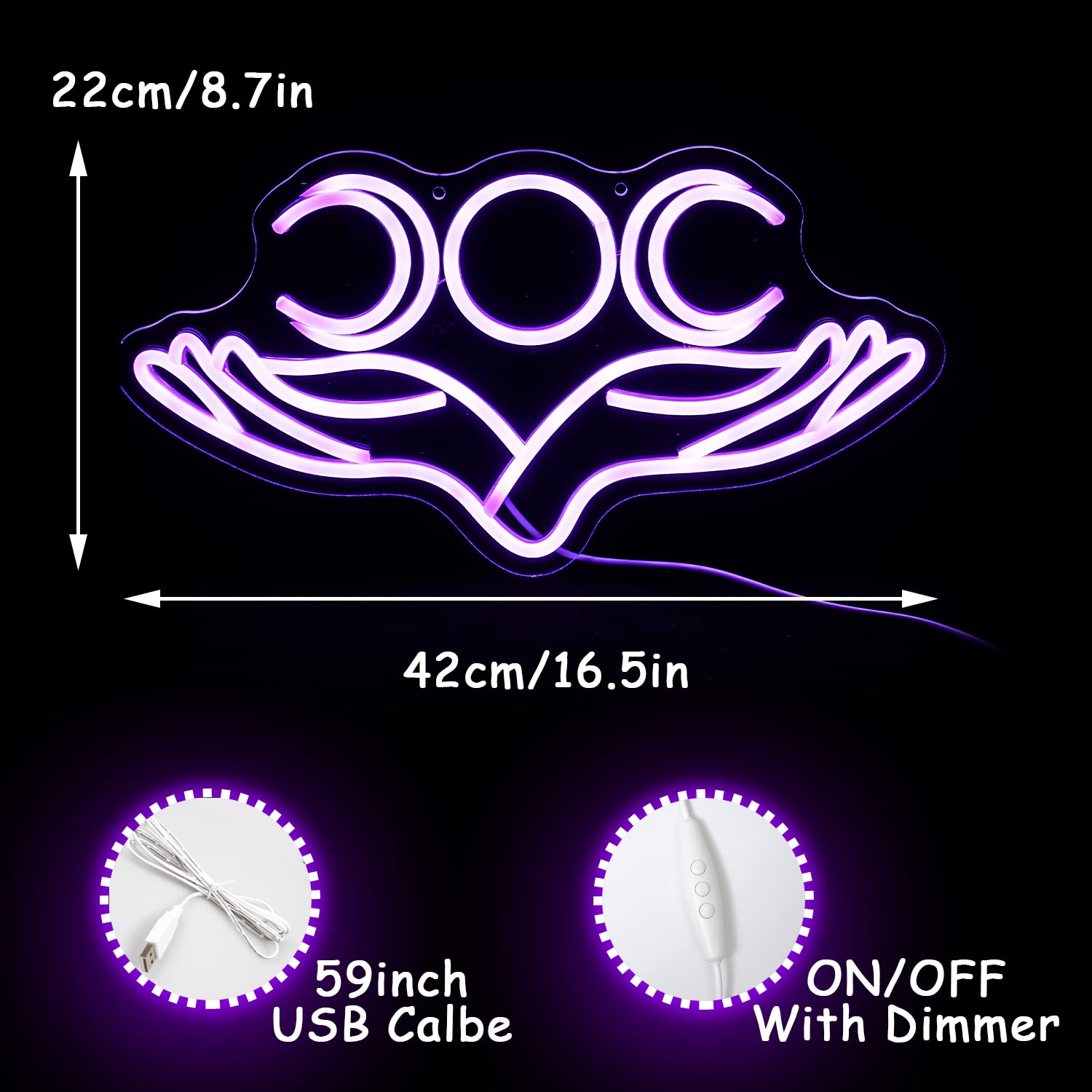 Alkkign Hand to Moon Neon Signs Hand Supported Month Neon Sign Dimmable Purple Neon Signs for Wall Decor 16.5   x8.6    with USB
