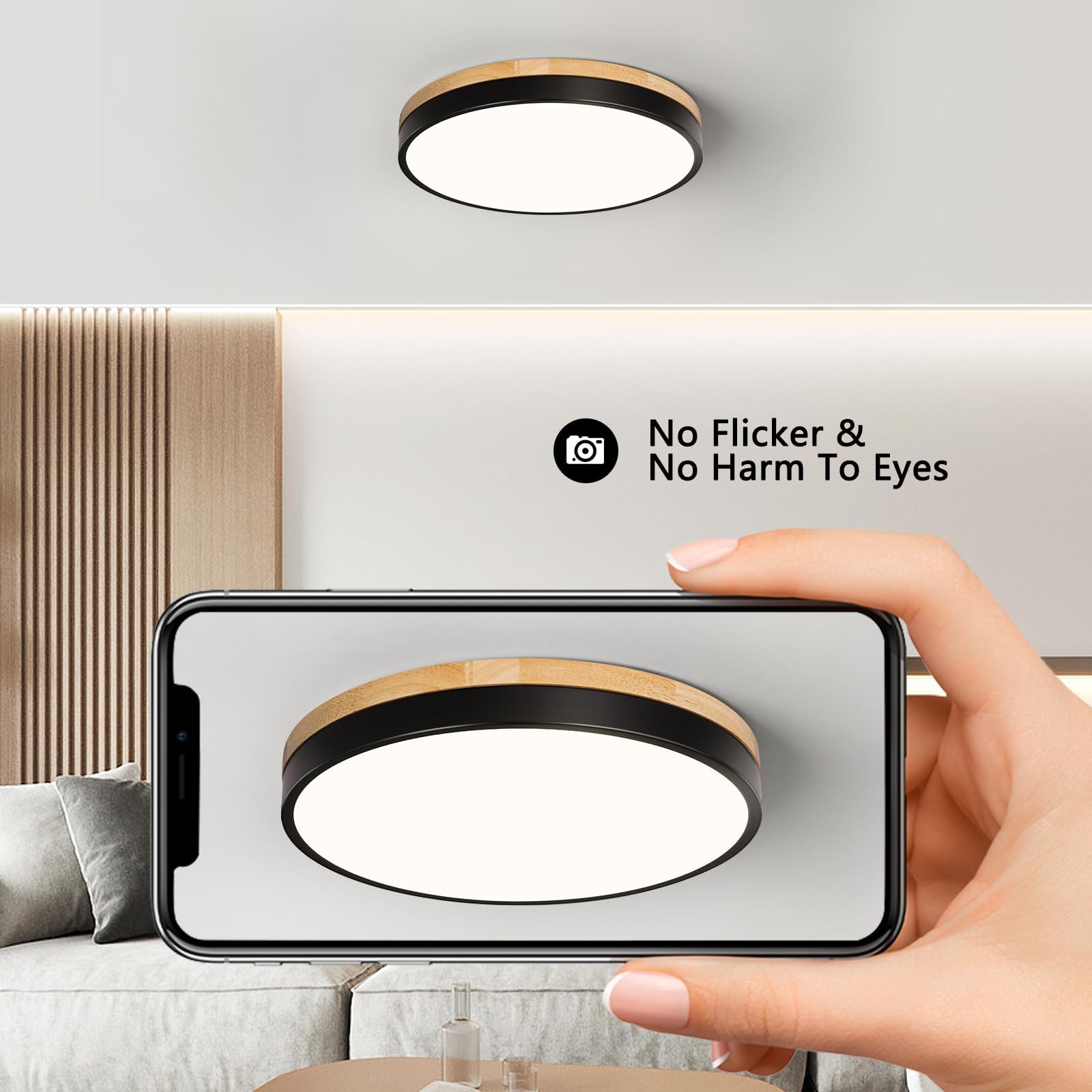 VIOLOEMI Modern Wood Ceiling Light, Round LED Flush Mount, Black, Metal, 11.81 Inch, Model VL23323001