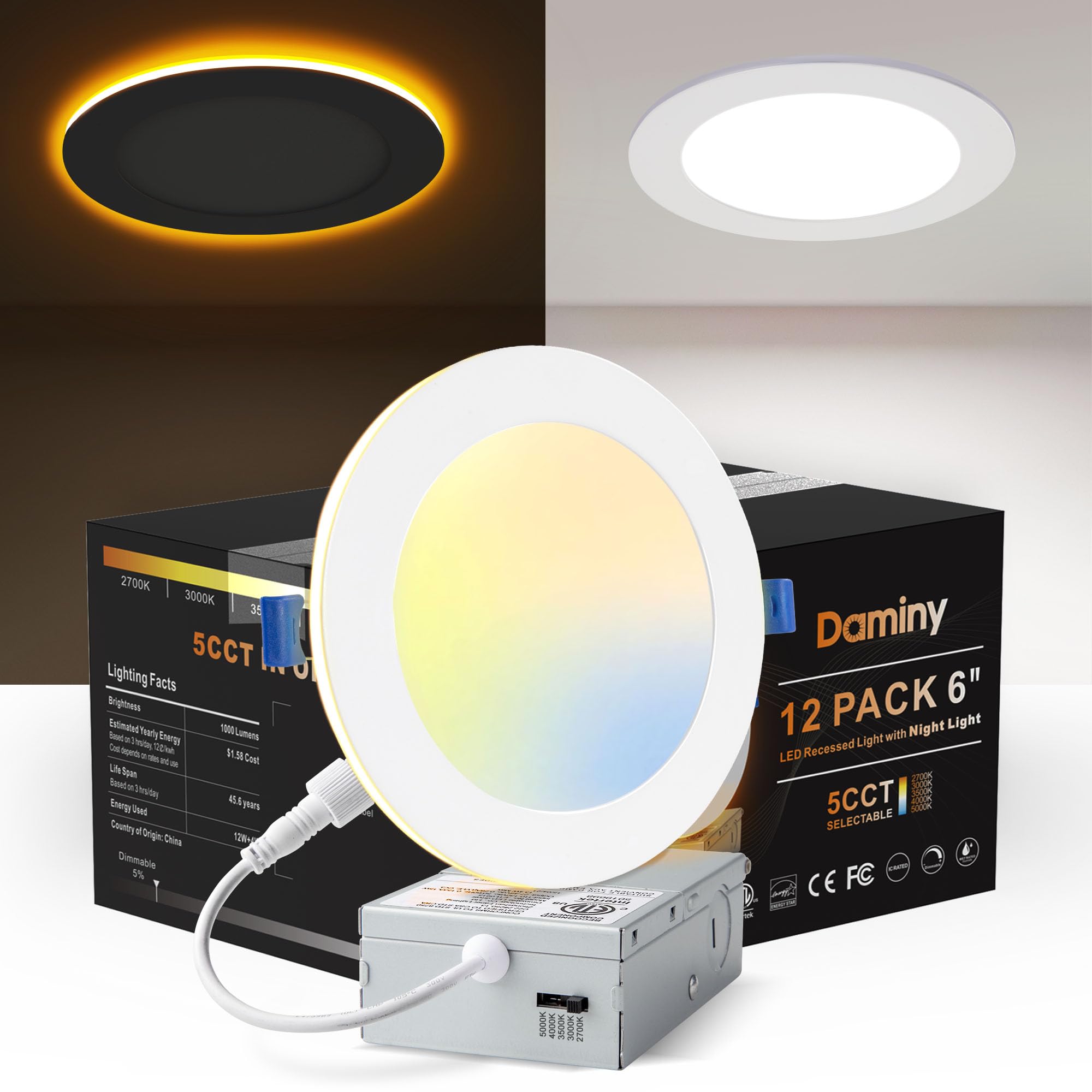 DAMINY 12 Pack 6 Inch 5CCT LED Recessed Light with Night Light,Ultra-Thin,Canless recessed Lighting 6 in,12W=110W,1000LM,Dimmabl