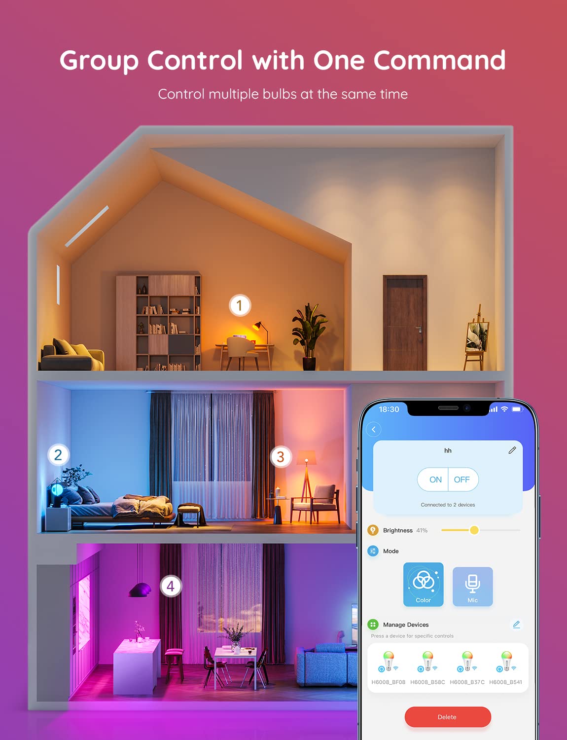 Govee Smart Light Bulbs, WiFi Bluetooth RGB, 4 Count, Multi-colored, H6008, Music Sync, 16M Colors, Works with Alexa & Google Assistant
