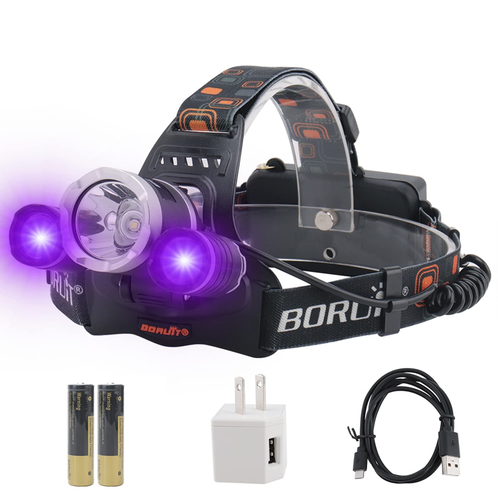 BORUIT RJ-3000 LED Black Light Headlamp - 5000 Lumens, Rechargeable, 3 Modes, Black, for Hunting, Camping, Hiking, Fishing