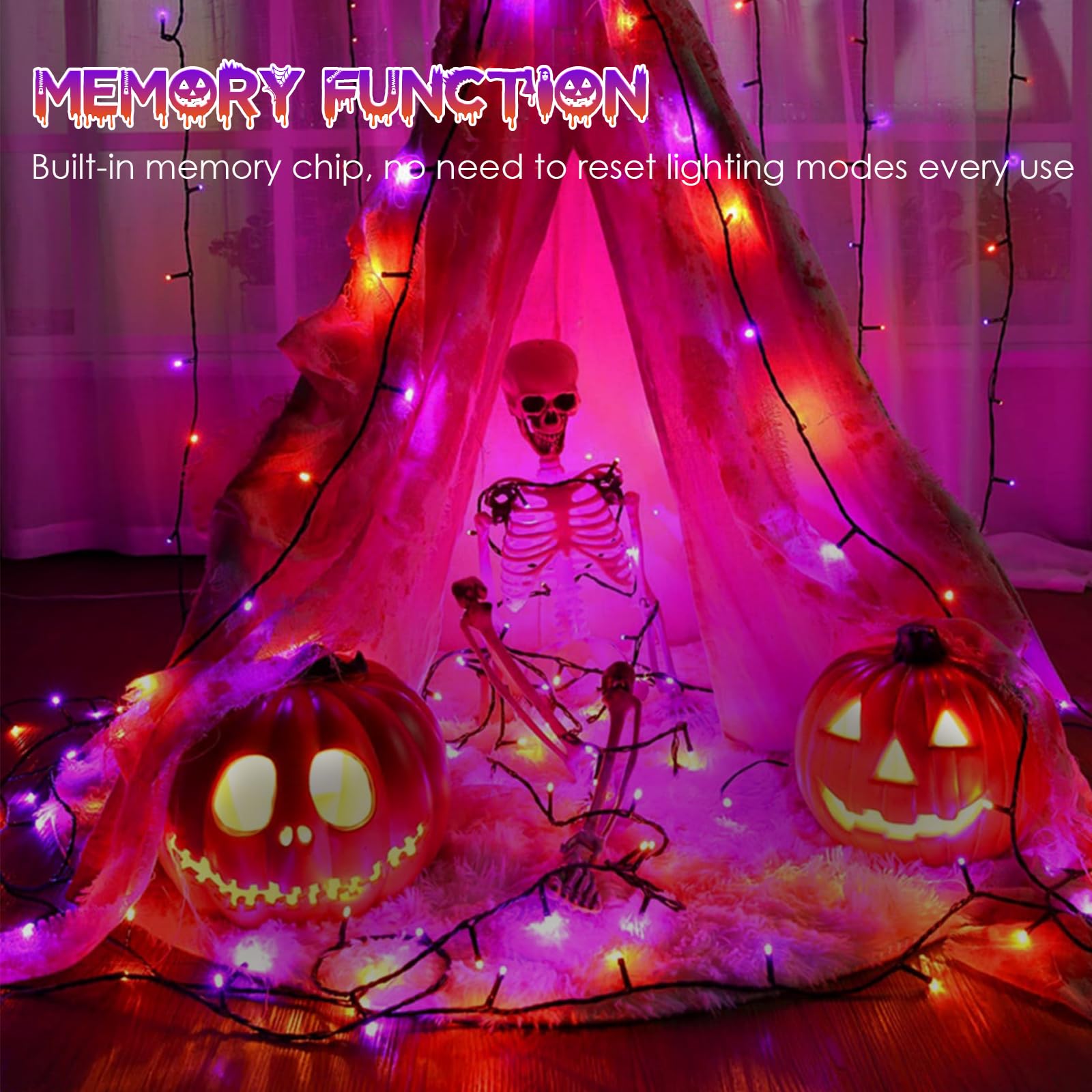 4Pk Orange And Purple Solar Halloween Lights Outdoor Waterproof, 400Led 132Ft Solar Powered Led String Lights Black Wire With 8
