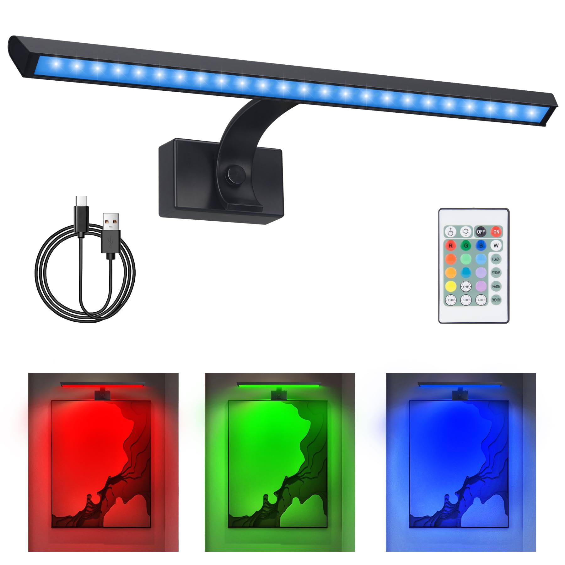 BIGMONAT Wireless LED Picture Light, 16 inch, USB Rechargeable, Color Changing, Dimmable, Black-RGB, Model B607IR-12CRGB-1