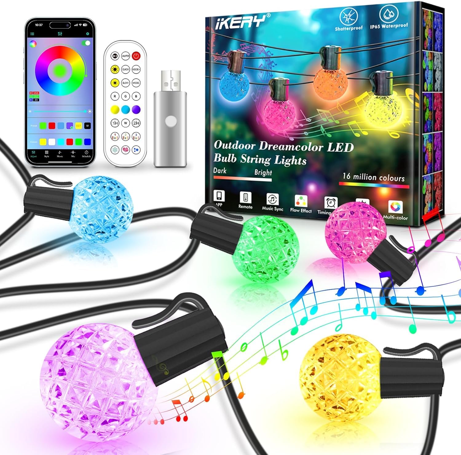 Ikery 100Ft Rgb Outdoor String Lights - 50 Waterproof Globe Bulbs For Patio, Garden, Halloween, Christmas