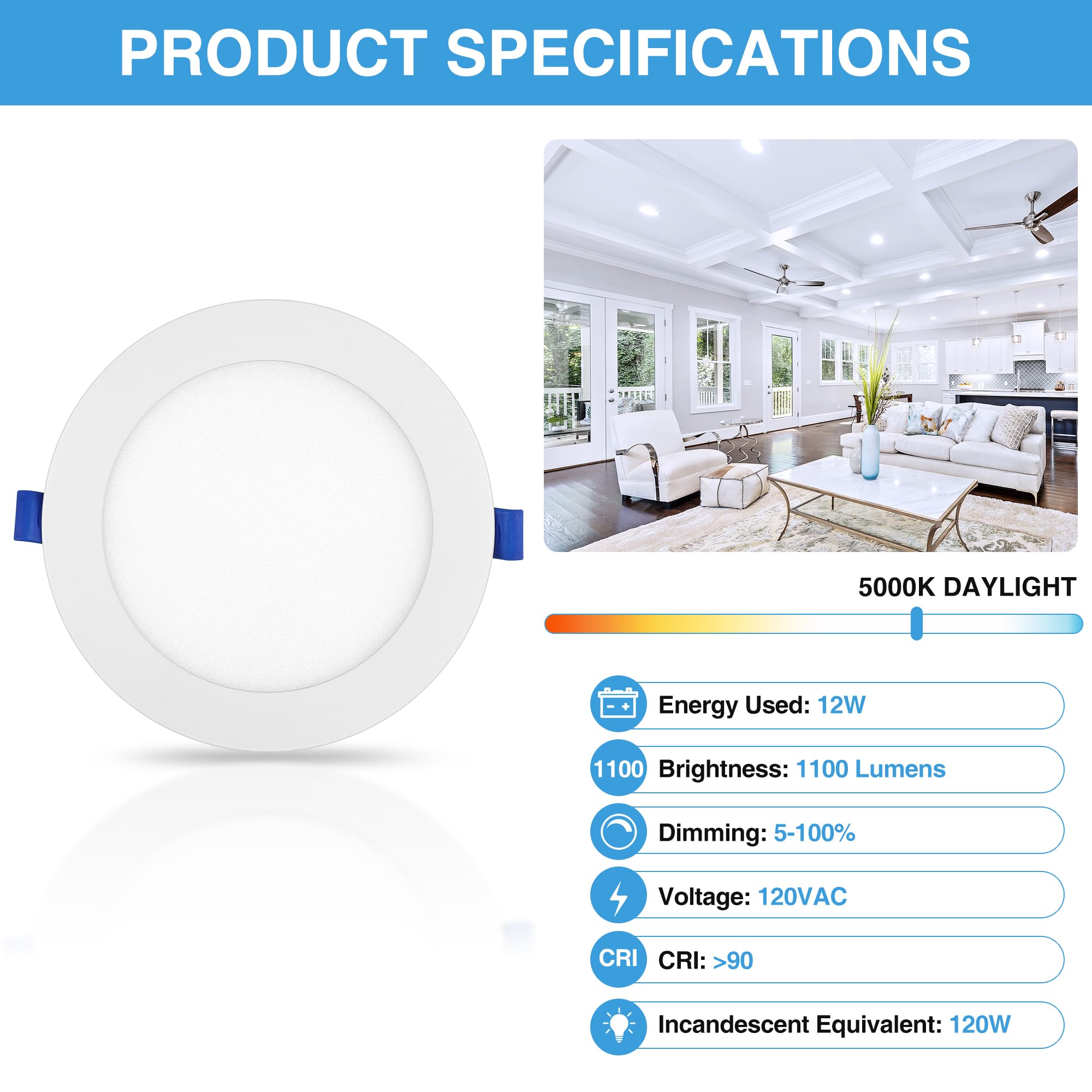 Ecoeler 6 Inch Ultra Thin Led Recessed Ceiling Lights, Smooth Trim Canless Downlight,12W 1100Lm 5000K Daylight, Dimmable, Wafer