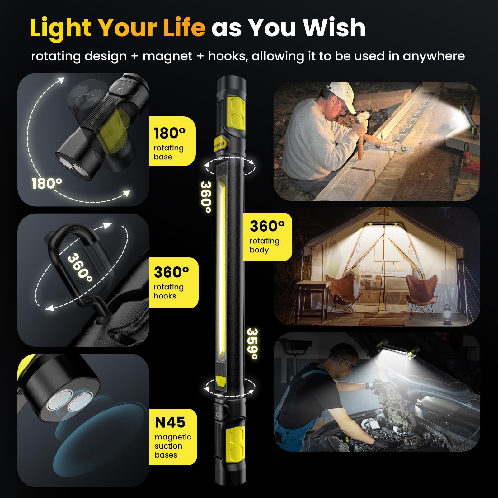 Work Light?Auto On/Off? 3000Lm Led Magnetic Work Light Bar 5200Mah Under Hood Work Light With Hooks, Portable Magnetic Rechargea