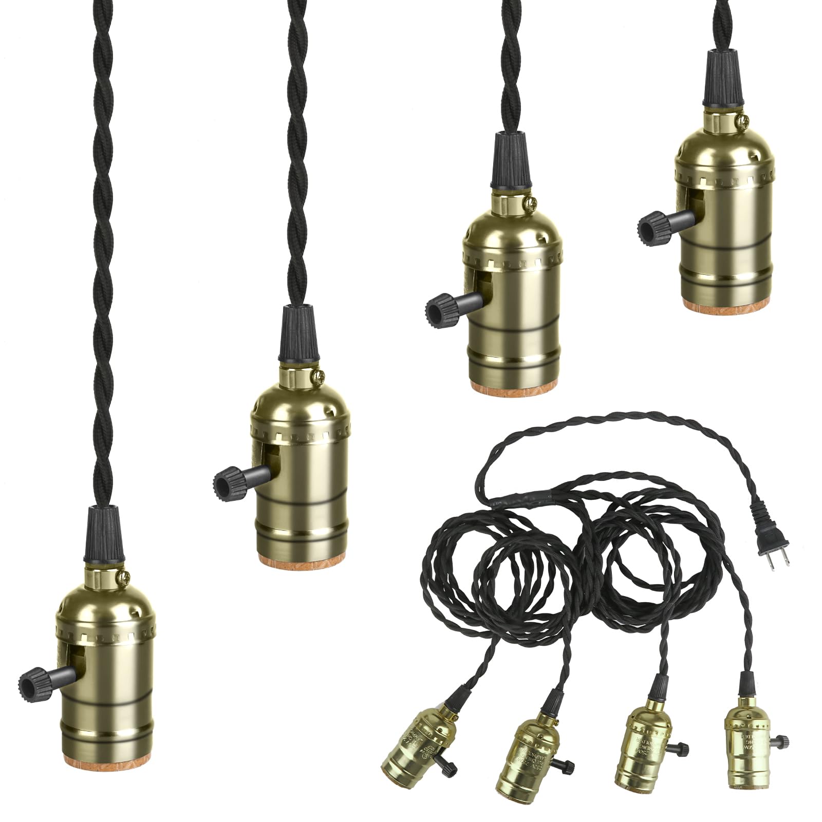 Vintage Plug-In Pendant Light Kit With 1-To-4 Hanging E26/E27 Sockets  Industrial Hanging Light With Individual Rotary Switches  Easy Diy Lighting For Living Room  Patio And Plant Corners  Bronze