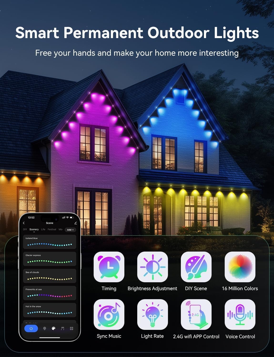 Lemonlovely Permanent Outdoor Lights Pro  180Ft With 132 Ic+Rgbcw Smart Led Eaves Christmas Lights For Daily Decoration  Ip67 Waterproof For Outside Xmas Halloween House Roof Lighting  Black