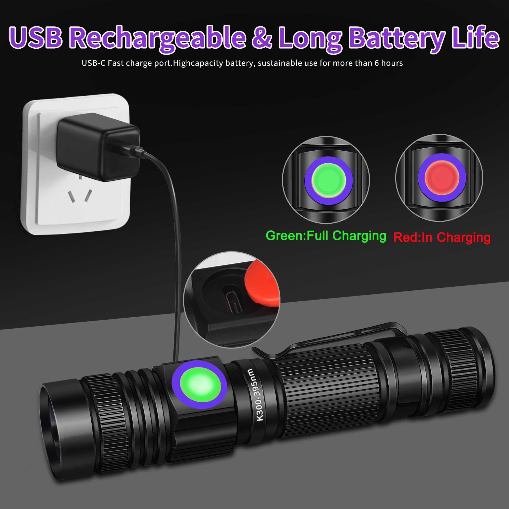 Uv Flashlight Black Light Usb Rechargeable 395Nm Blacklight Mini, Woods Lamp Portable Handheld Powerful Led Ultraviolet Lights Flashlights, Focus Adjustable For Resin Curing, Pet Urine Detection
