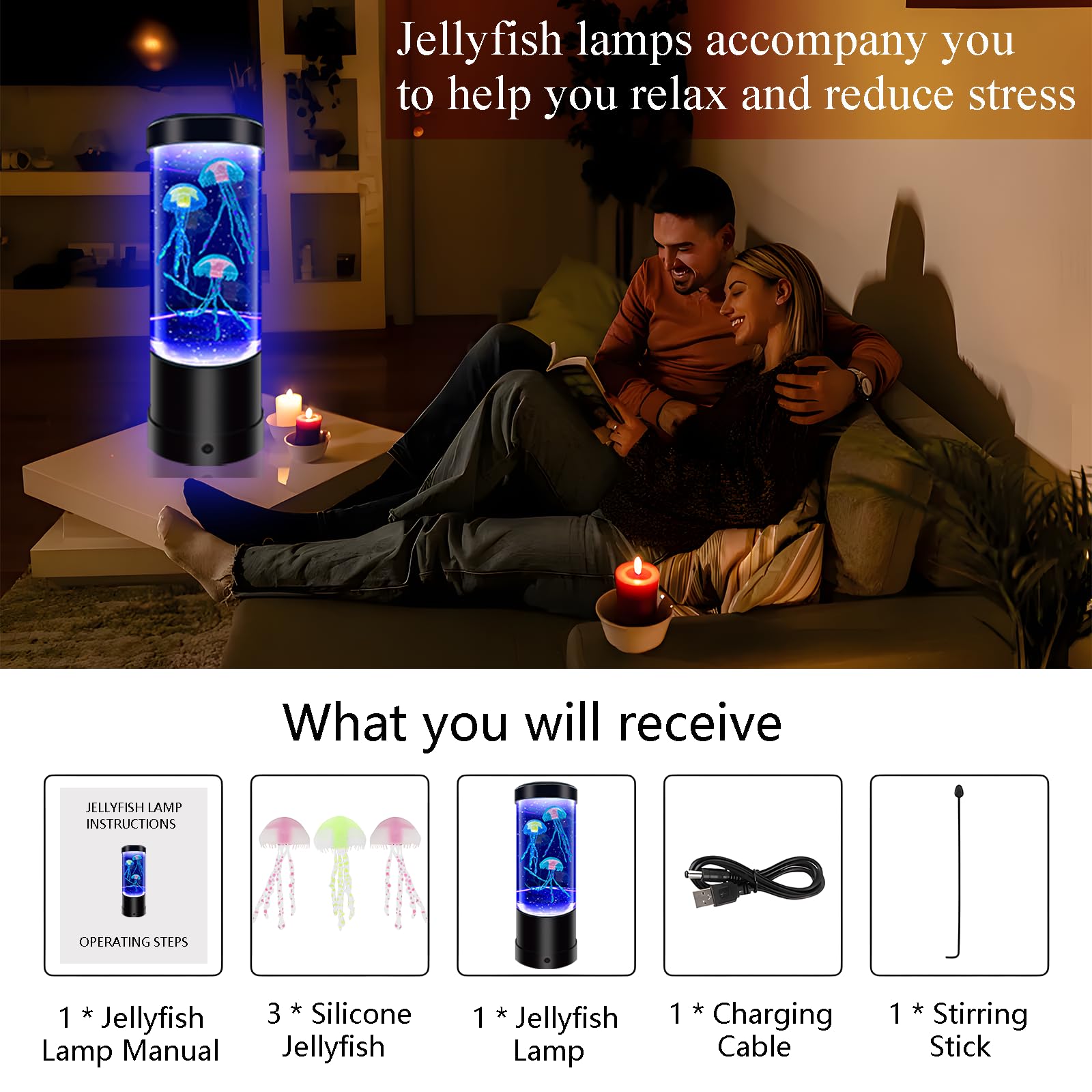 WTROESE Jellyfish Lamp - 7 Color Changing USB/Battery Night Light, Table Lamp3333, Black, Mood Lamp for Home, Office, Kids, Adults