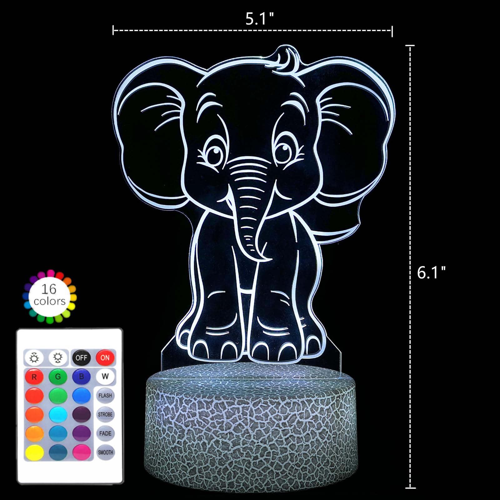 I-Chony Elephant Night Light For Kids,16 Colors Dimmable Cute Animal Lamp With Remote,Smart Touch,Usb Cable,Room Decor Lamp,Elep