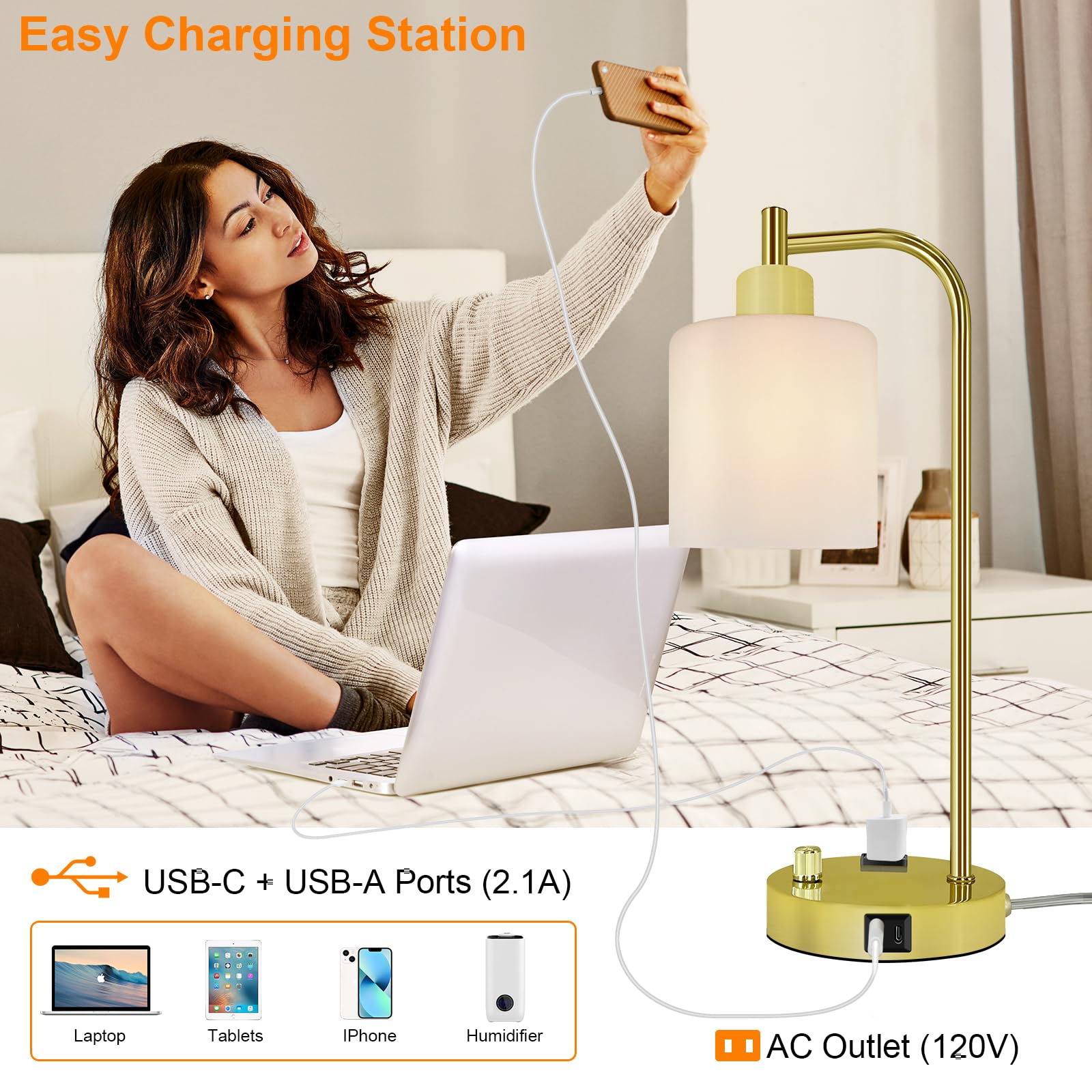 Industrial Table Lamp, Stepless Dimmable Gold Desk Lamp,Gold Table Lamp With 2 Usb Ports And Ac Power Outlet, Frosted Glassshade