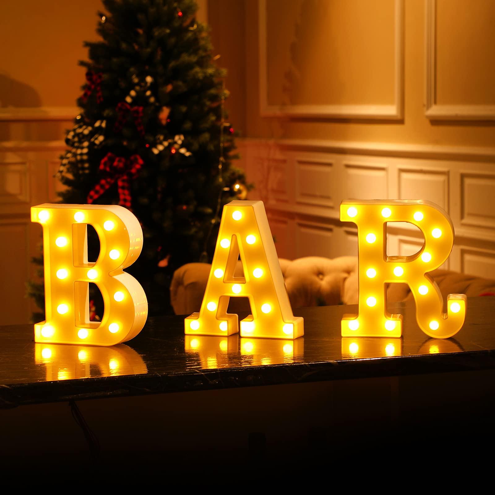 Mudder 3 Pieces Bar Sign Led Letter Light Alphabet Letter Sign Battery Powered Night Light For Home Party Birthday Halloween Christmas Decoration(White)