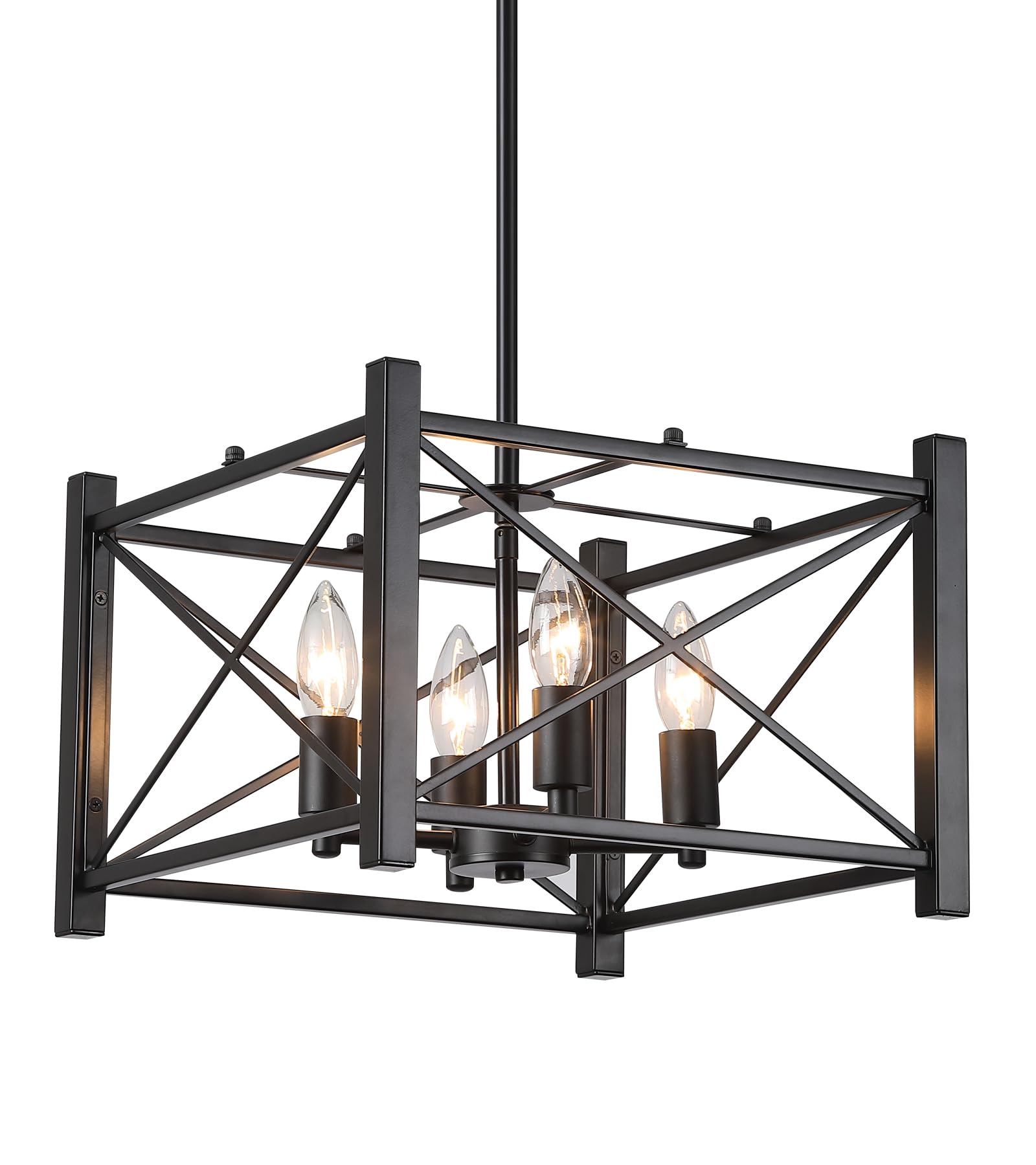 Amzasa Farmhouse Chandelier,Black Square 4-Lights Lantern Pendant Light, Rustic Cage Industrial Hanging Light For Kitchen Island, Dining Room, Hallway Entryway Foyer