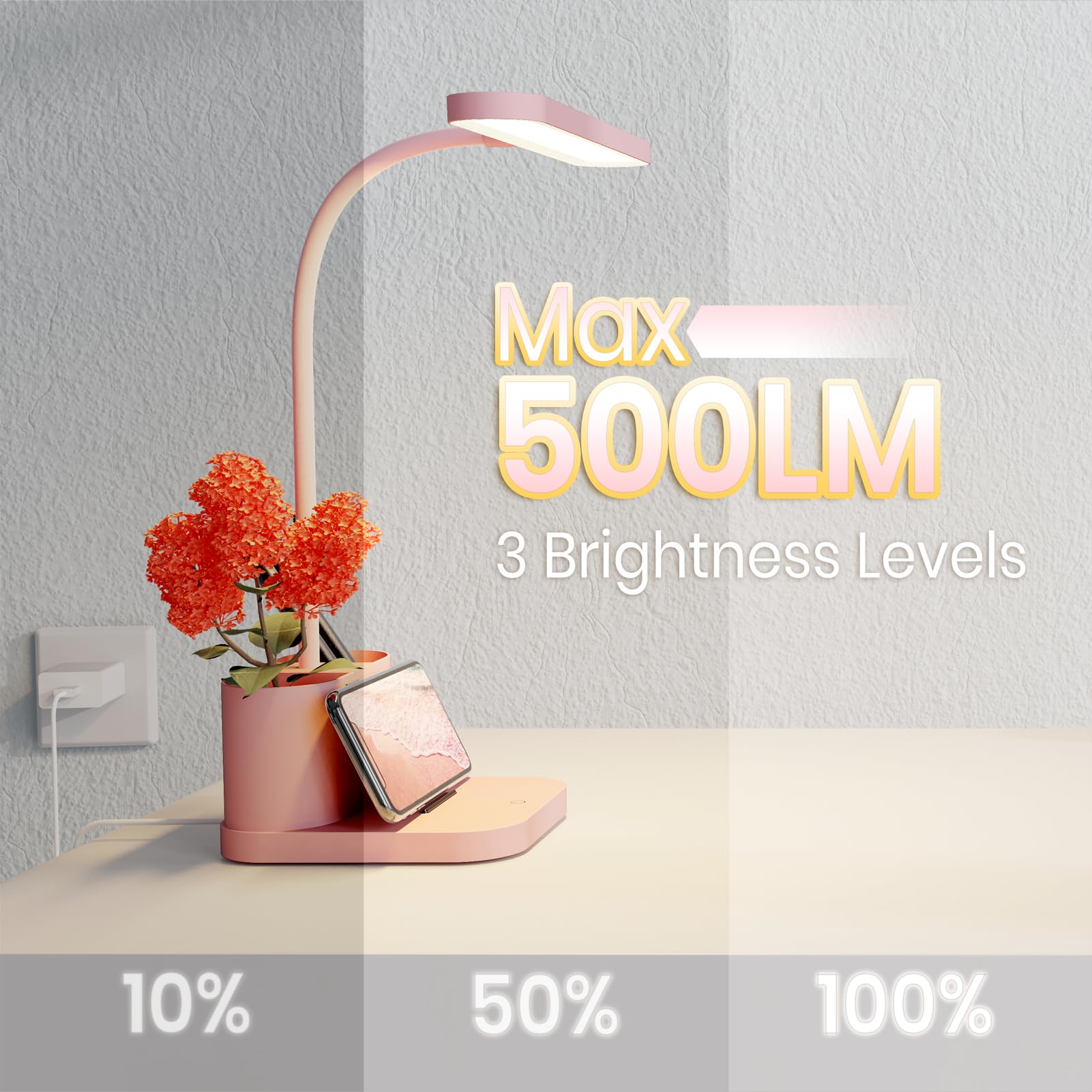 Axx Pink Desk Lamp For Home Office, Cute Table Lights For Bedrooms, Kawaii, Dimmable Led, Flexible Gooseneck, Pen Holder, Touch