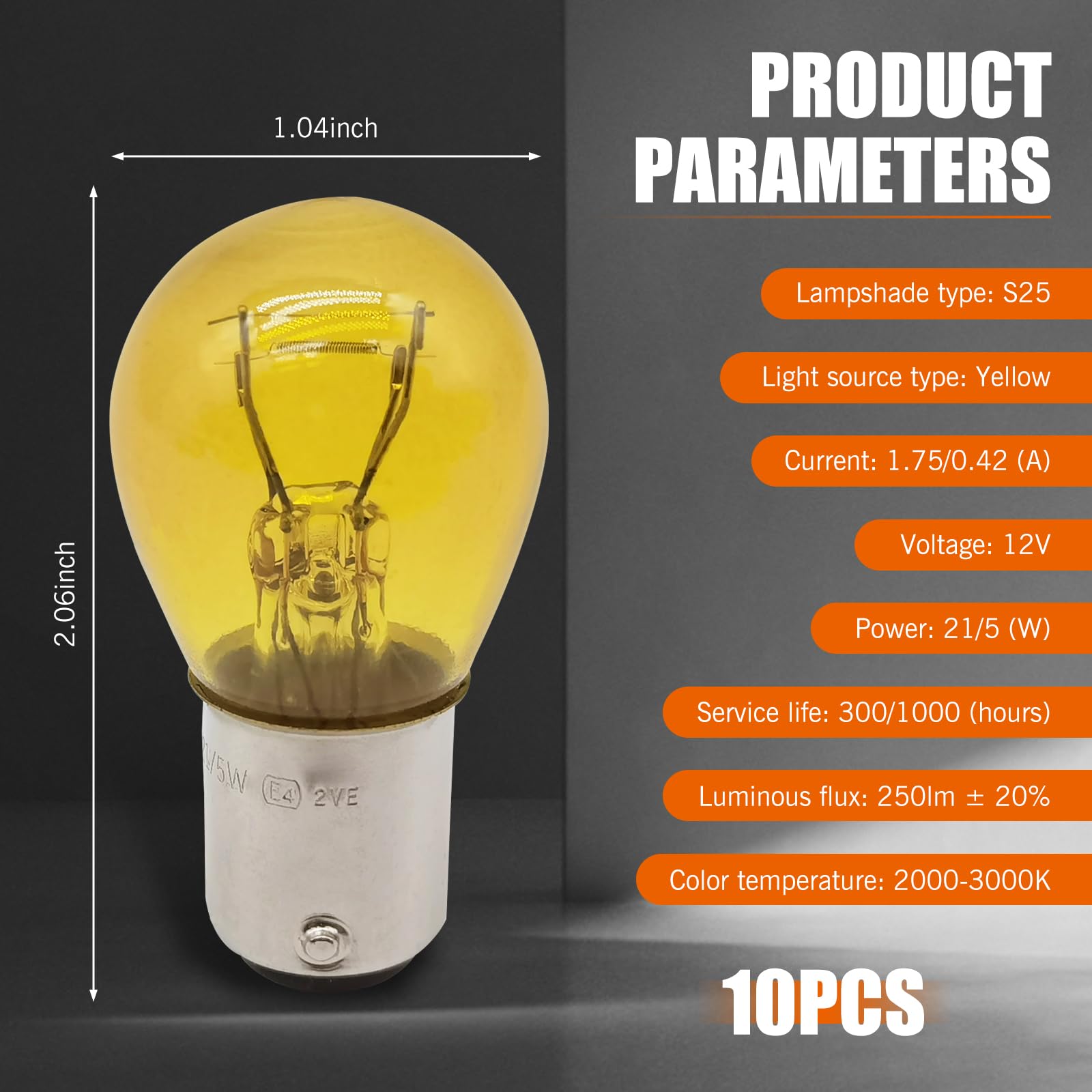 Flygun 1157 P21/5W S25 BAY15D Bulb, Double Tail Brake Lamp, 10 PCS, Yellow, Model FUNSCD2020YE-10PCS