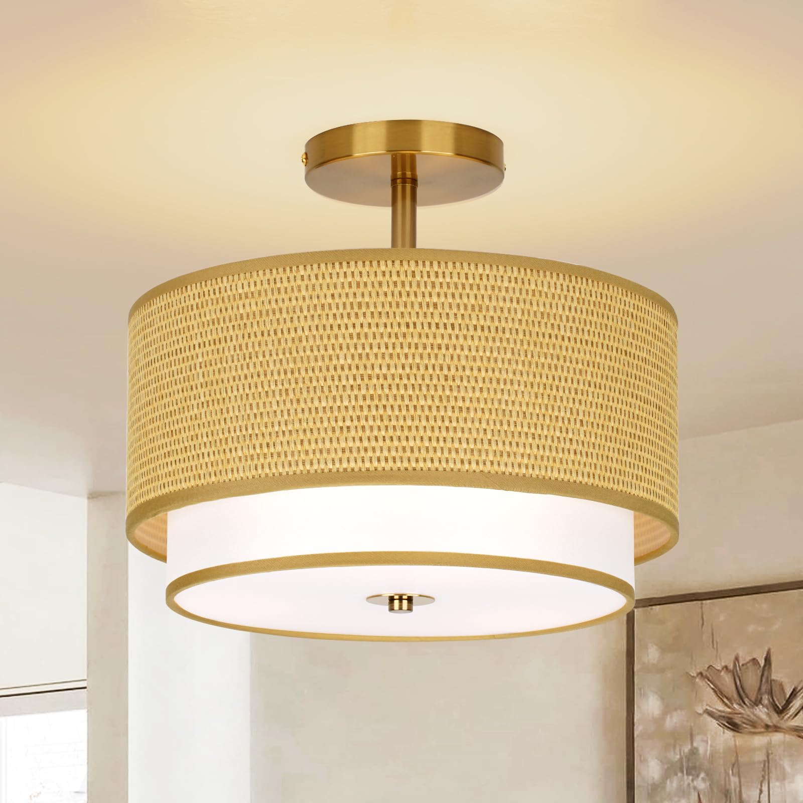 Vexagyle Boho Light Fixtures Woven Rattan-Style Flush Mount Ceiling Light, 12.6inch Closed to Ceiling Light Fixture with 2-Tier 