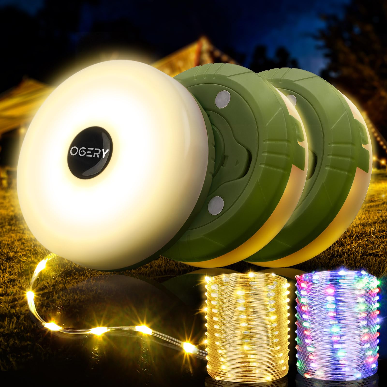 OGERY Camping String Lights, 32.8FT Rechargeable LED, 8 Modes, Waterproof, Green, Model OG-L-GN-3