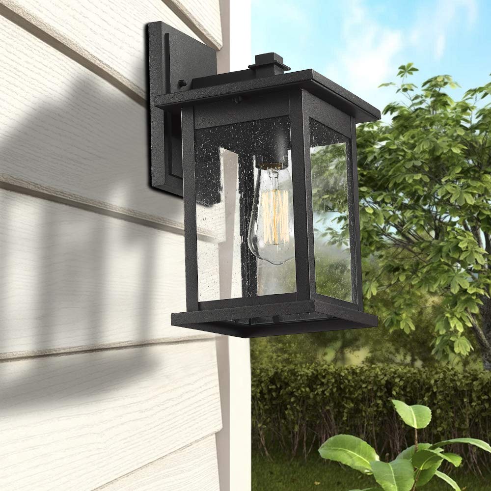 Emliviar 1-Light Outdoor Wall Lantern, 14&quot; Black Finish With Seeded Glass, Large Size